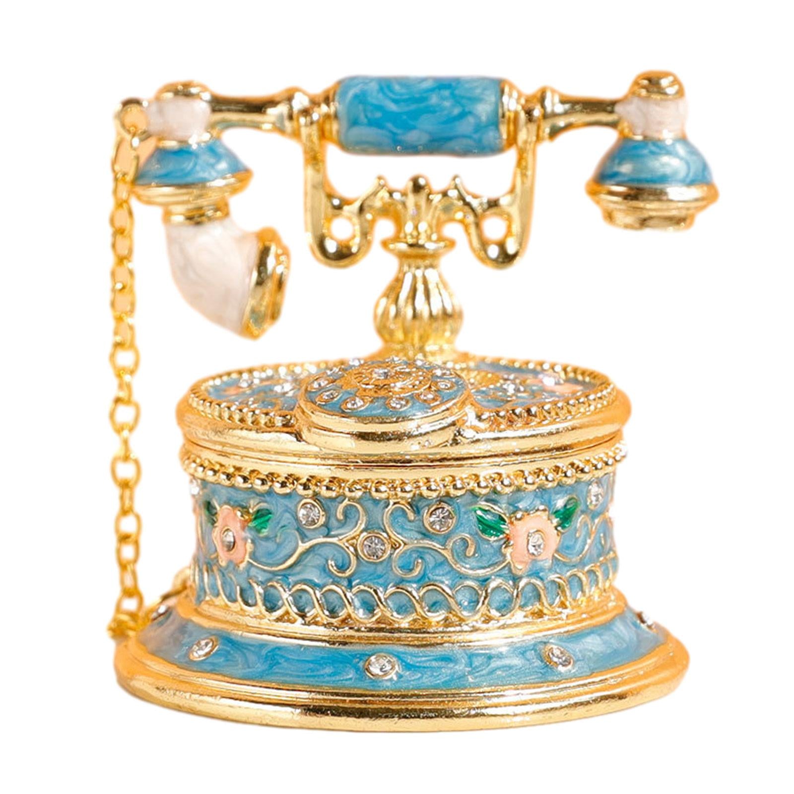 Jewelry Trinket Box Telephone Figurine Home Decor Sparkling Ring Holder Case blue