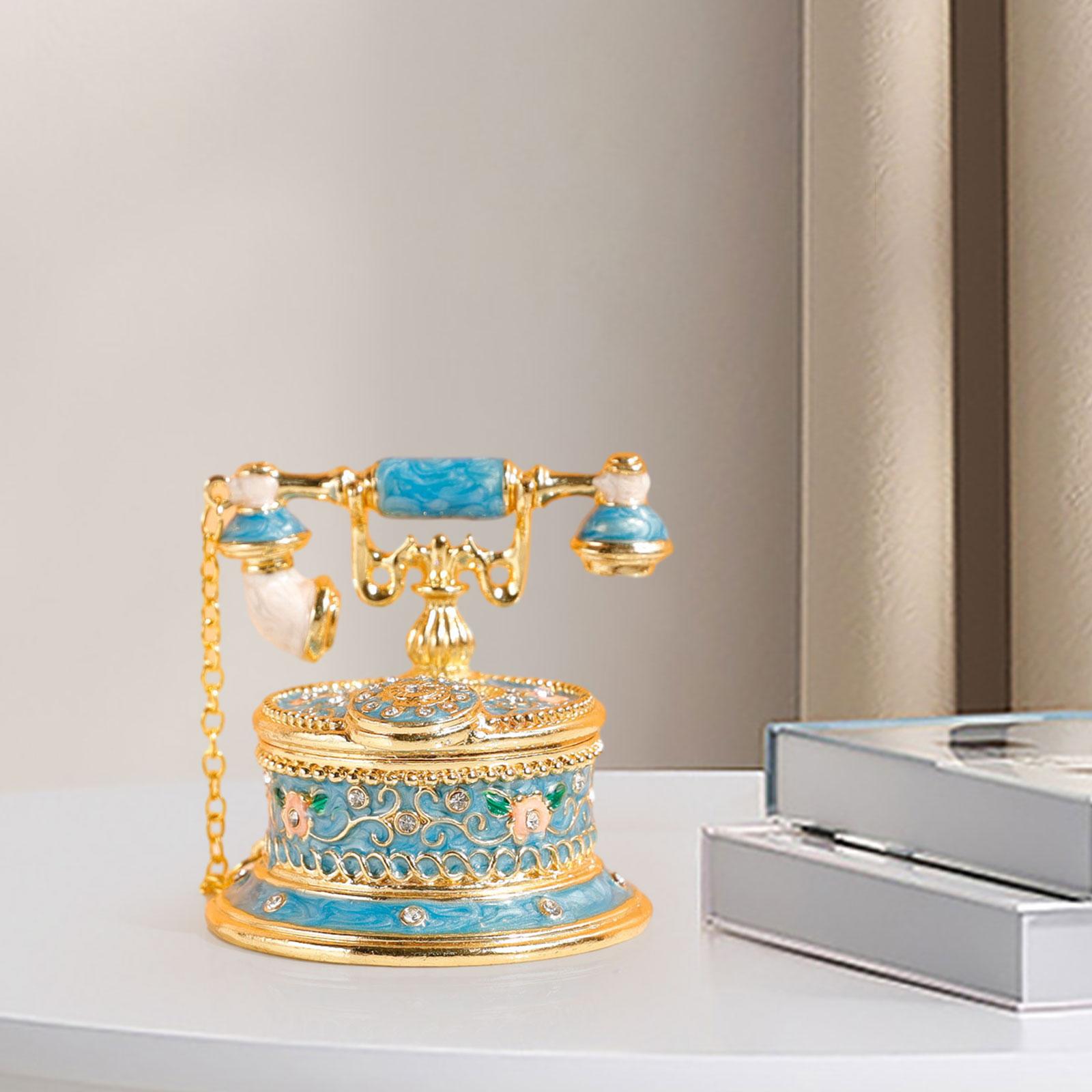 Jewelry Trinket Box Telephone Figurine Home Decor Sparkling Ring Holder Case blue