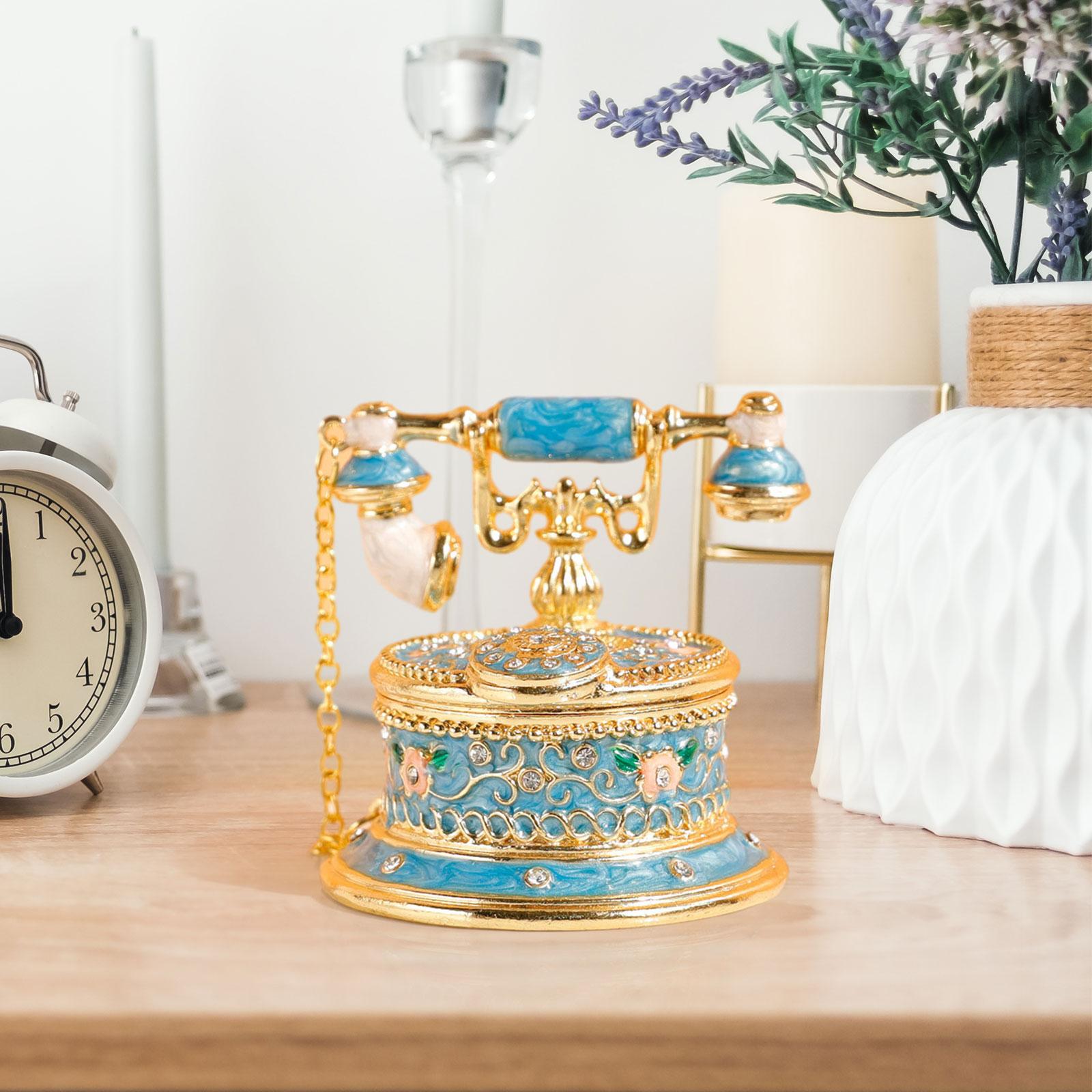 Jewelry Trinket Box Telephone Figurine Home Decor Sparkling Ring Holder Case blue