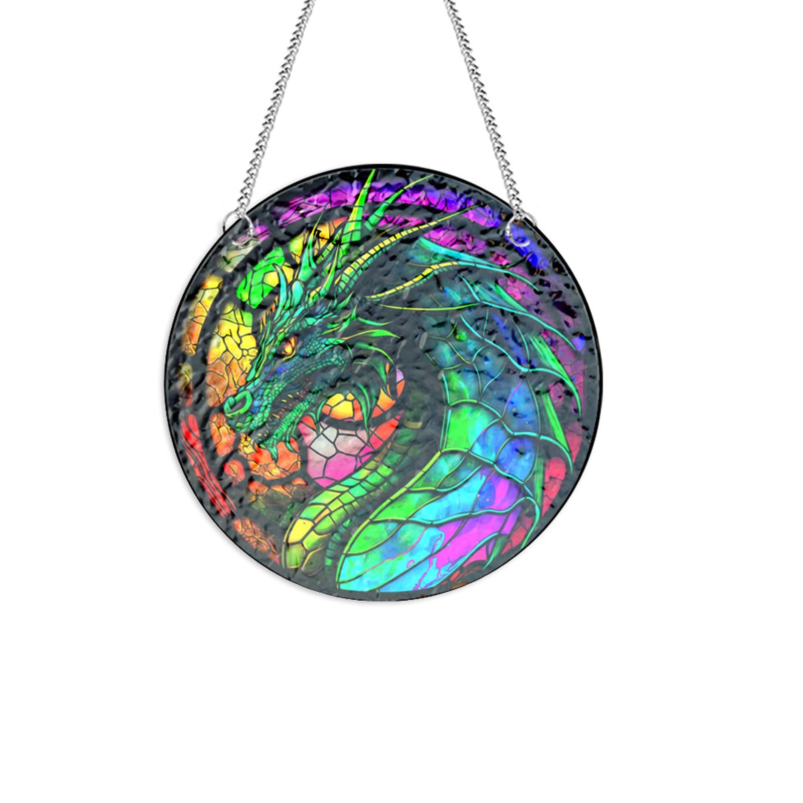 Dragon Ornament Stained Glass Window Hanging Panel for Door Bedroom Outdoor