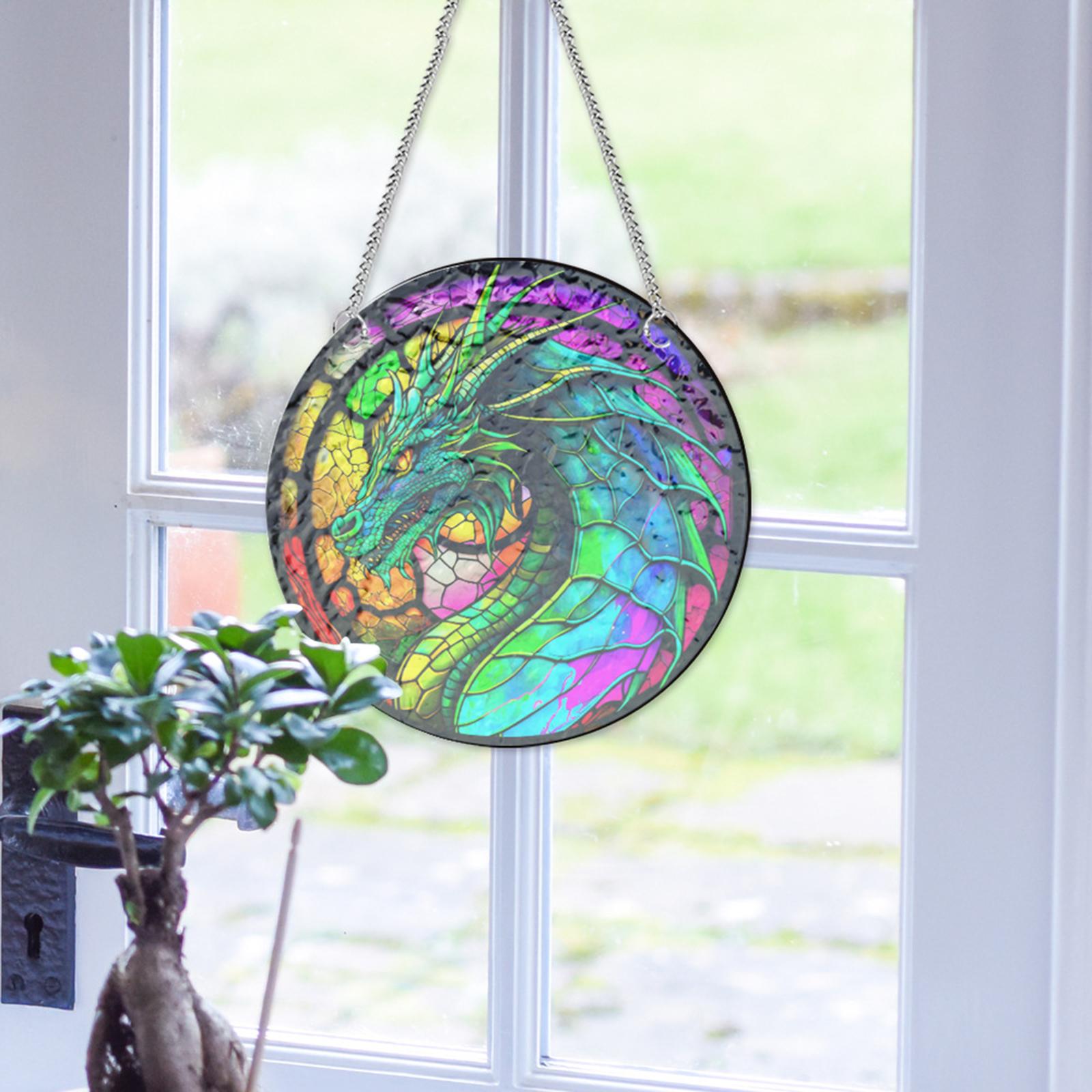 Dragon Ornament Stained Glass Window Hanging Panel for Door Bedroom Outdoor