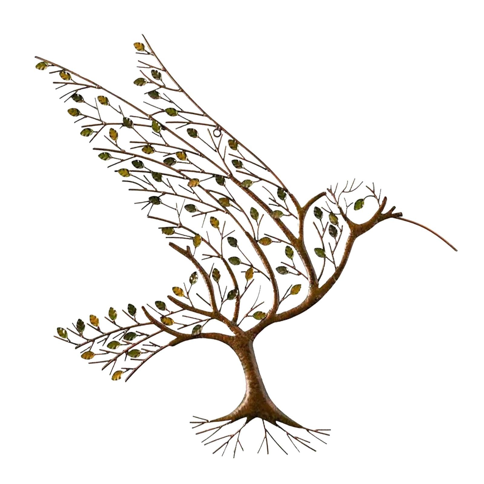 Metal Hummingbird with Branch Leaves Wall Art for Living Room Restaurant Porch