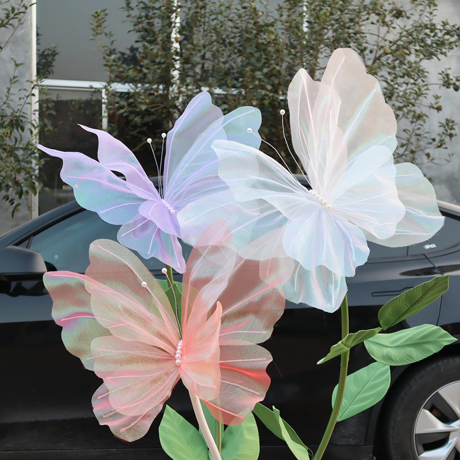 2xSilk Yarn Artificial Butterfly Giant Gauze Fake Butterfly for Wedding Crafts White