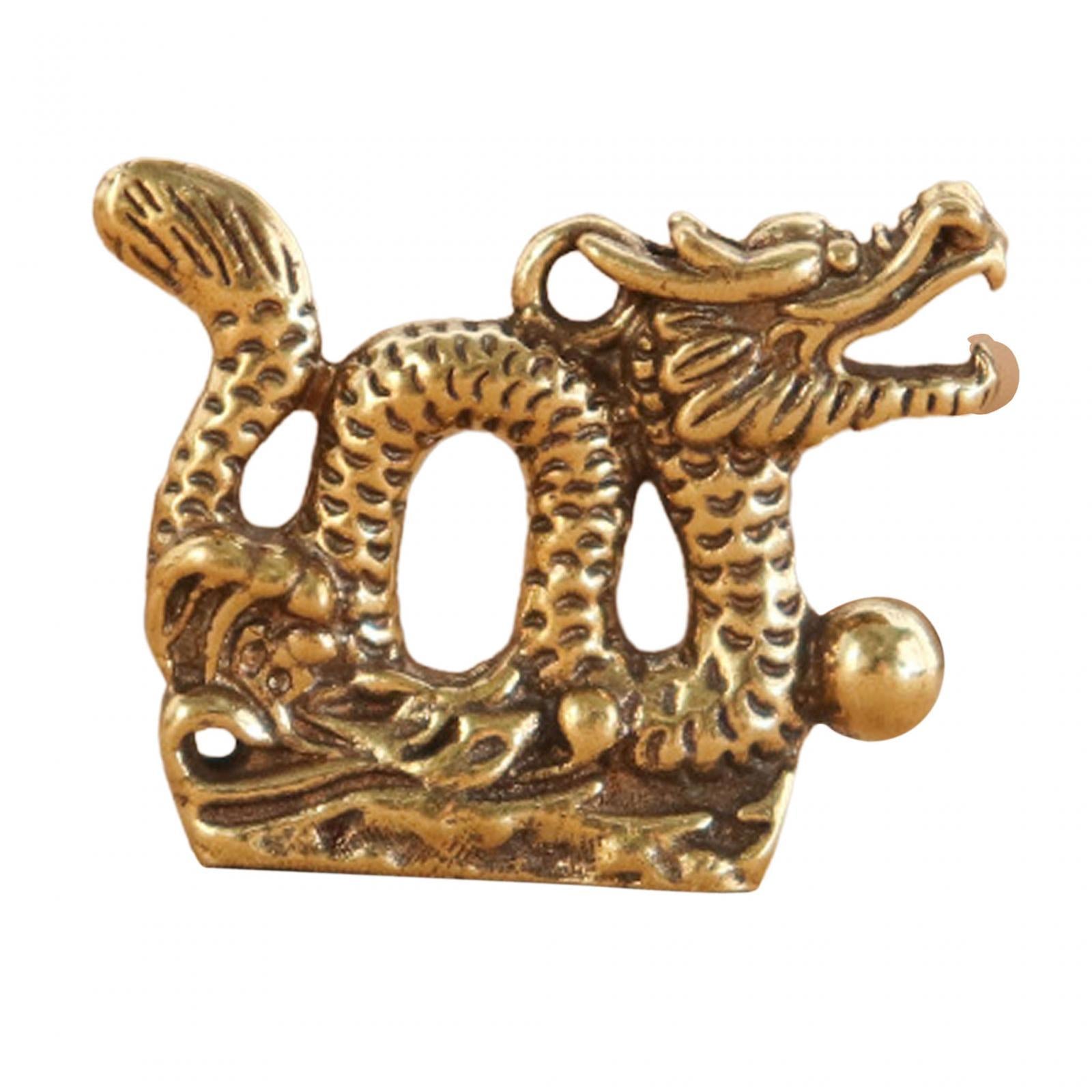 Brass Chinese Loong Figurine Keychain Pendant Ornament for Home Office Decor