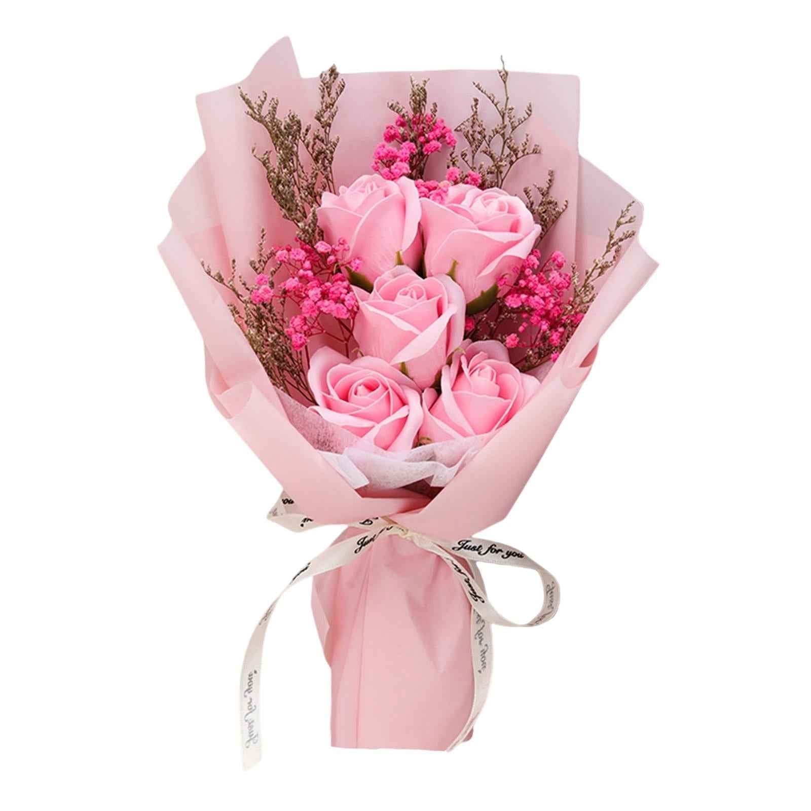 Artificial Soap Flower Bouquet Realistic Valentines Day Gift for Mothers Day Pink Rose