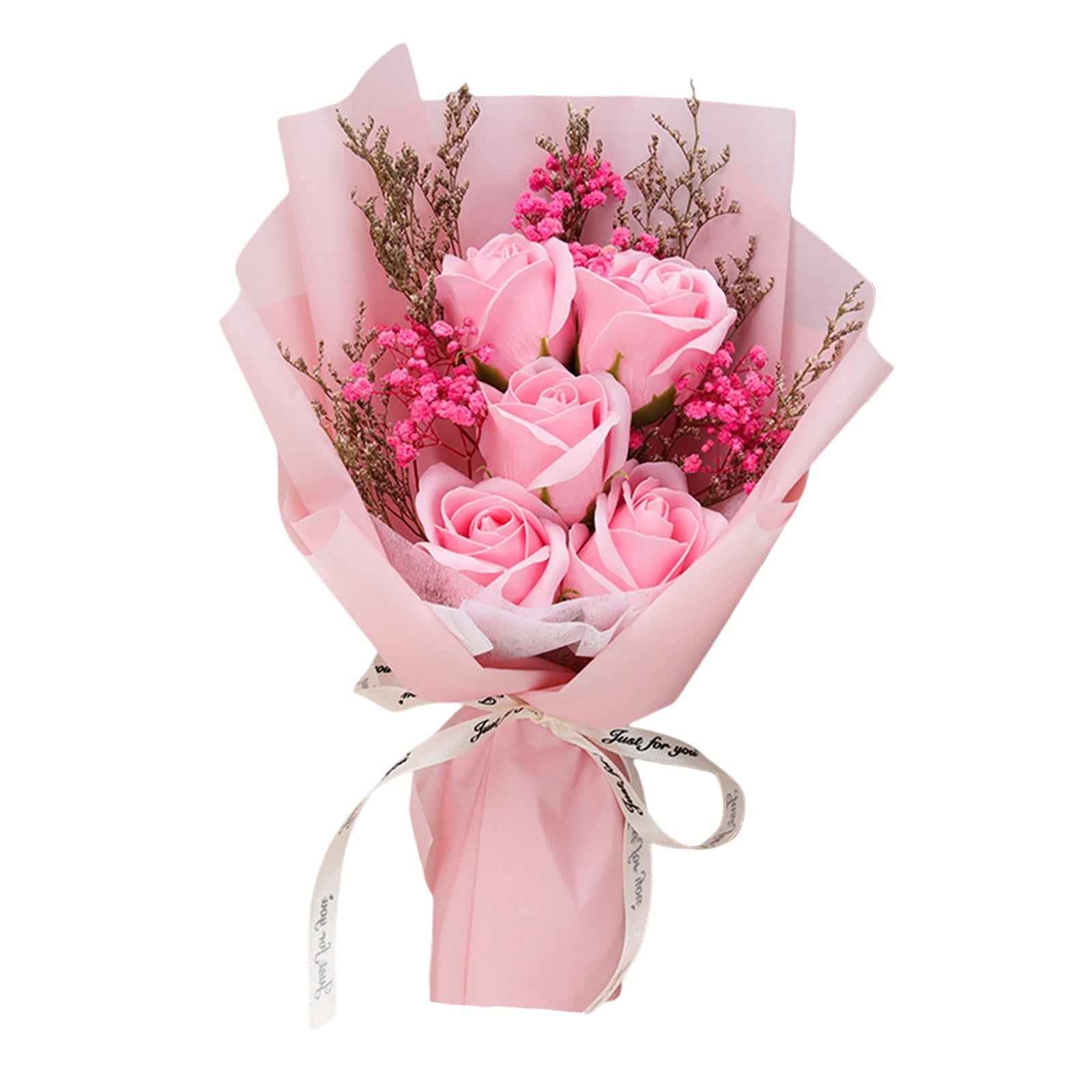 Artificial Soap Flower Bouquet Realistic Valentines Day Gift for Mothers Day Pink Rose