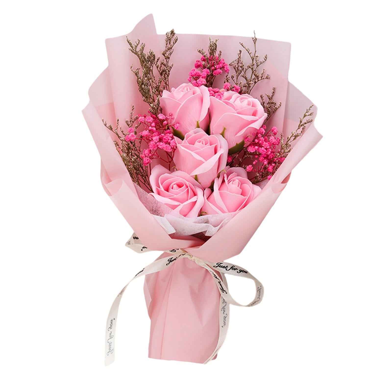 Artificial Soap Flower Bouquet Realistic Valentines Day Gift for Mothers Day Pink Rose