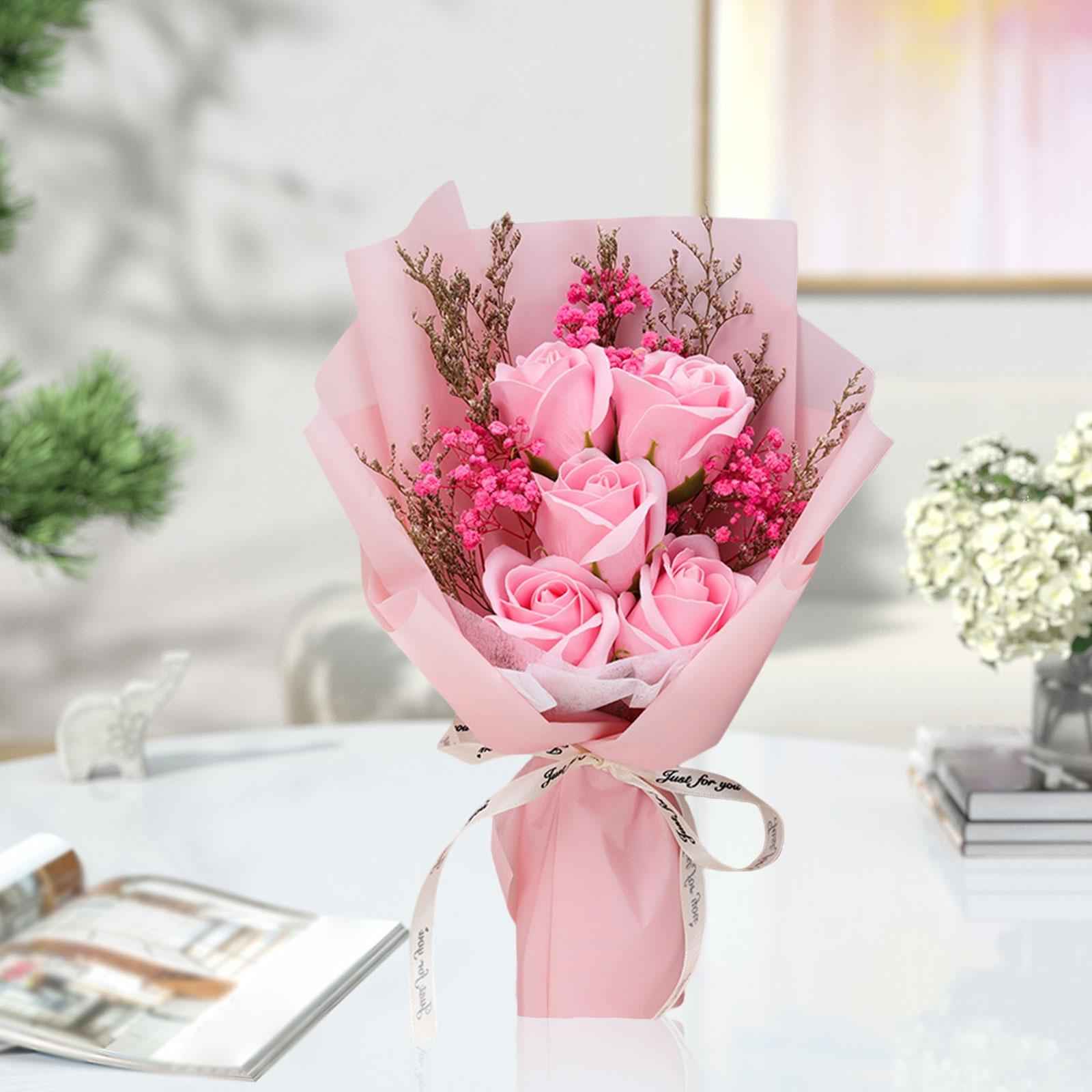 Artificial Soap Flower Bouquet Realistic Valentines Day Gift for Mothers Day Pink Rose