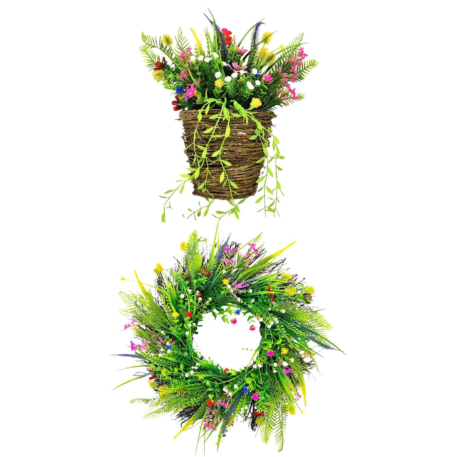 Front Door Hanging Basket Wreath Welcome Spring Sign Yard Artificial Flowers