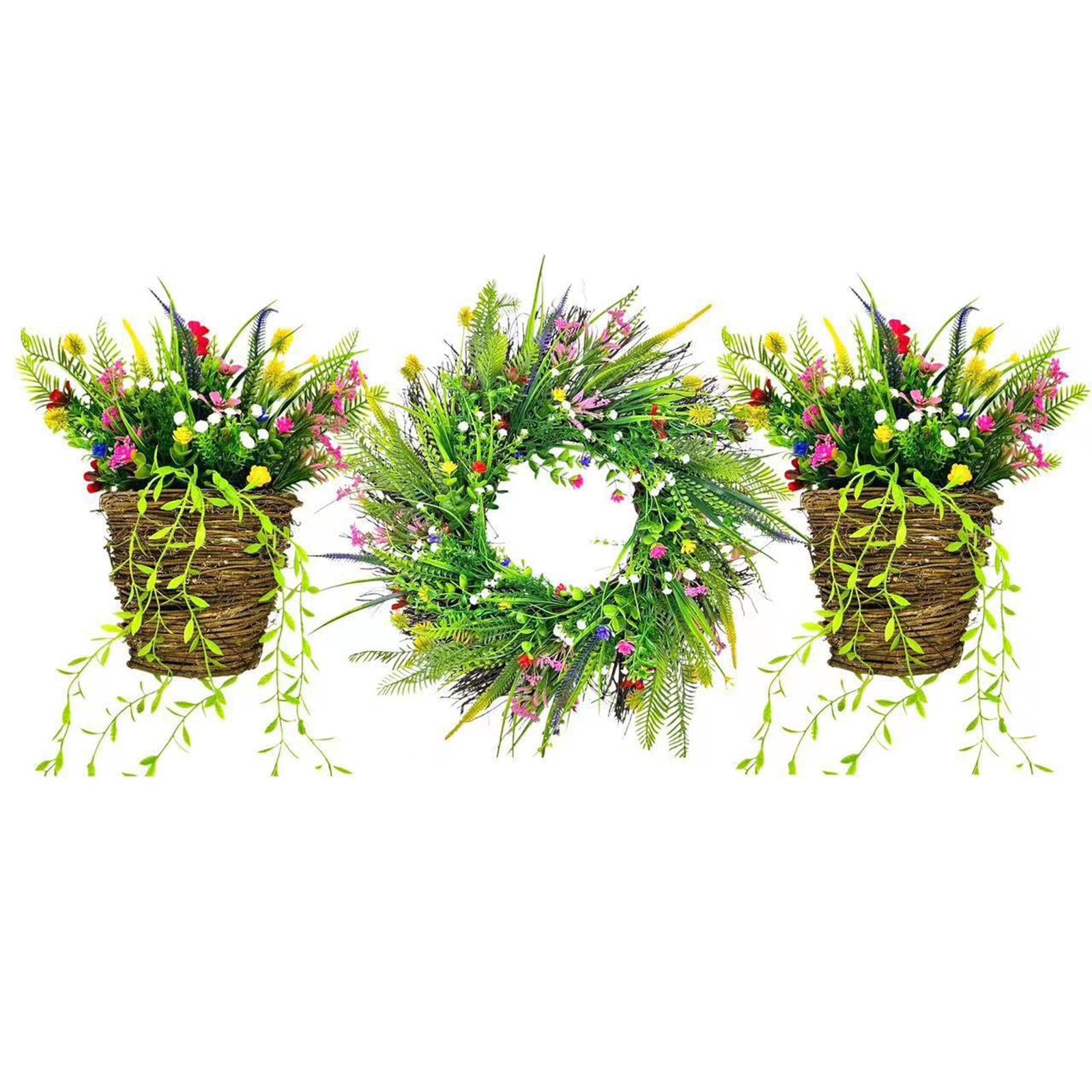 Front Door Hanging Basket Wreath Welcome Spring Sign Yard Artificial Flowers