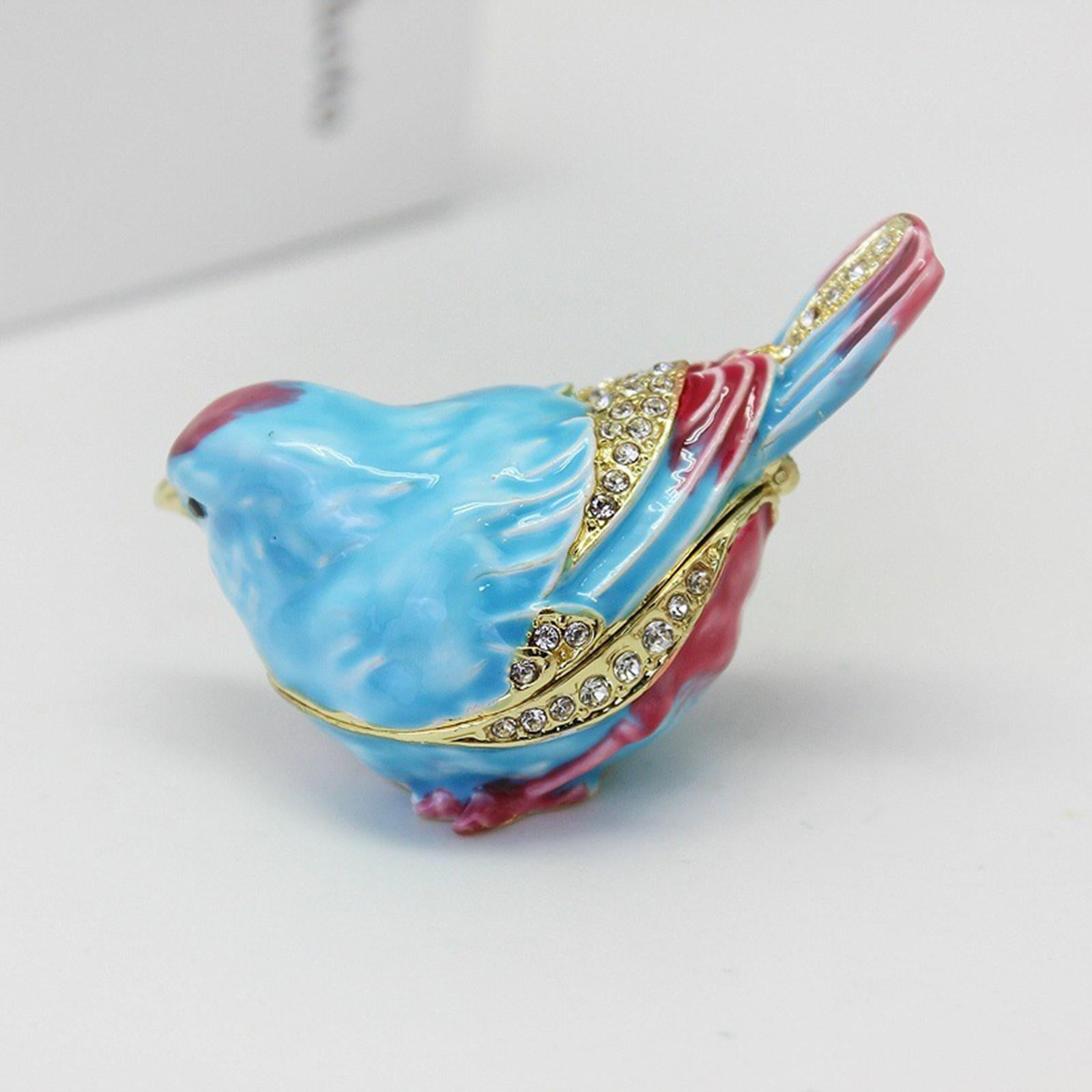 Enamel Hinged Jewelry Box Rings Holder Collectible Figurine Bird Trinket Box Blue