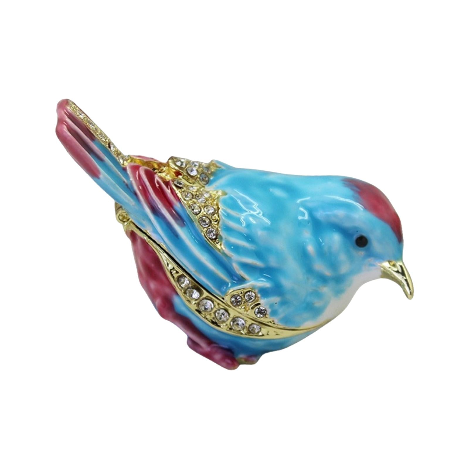 Enamel Hinged Jewelry Box Rings Holder Collectible Figurine Bird Trinket Box Blue