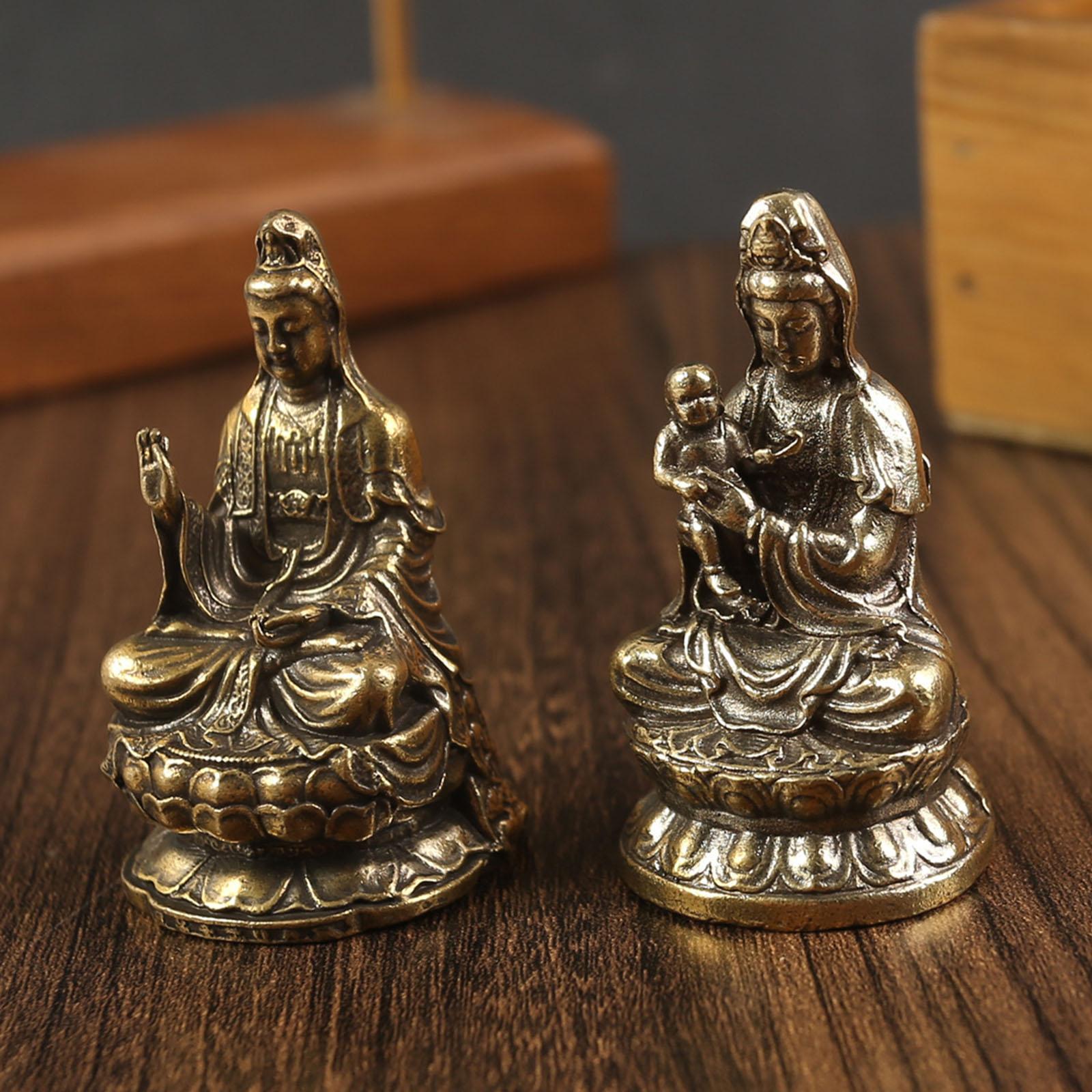 Avalokitesvara Statue Holding A Kid Religious Brass Buddhism for Living Room