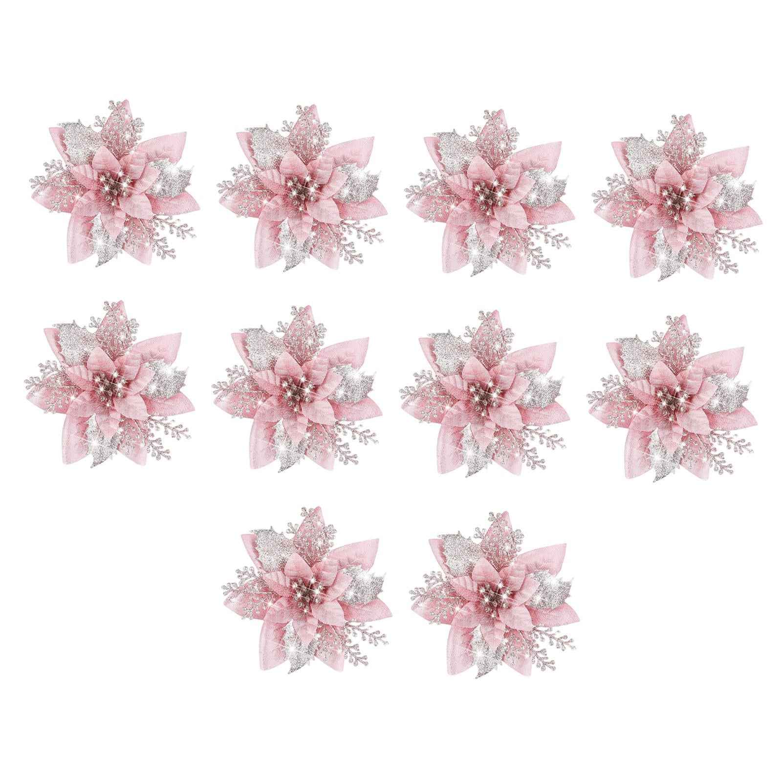 10Pcs Artificial Flowers Glitter Flowers Party Cemetery Christmas Poinsettia Pink
