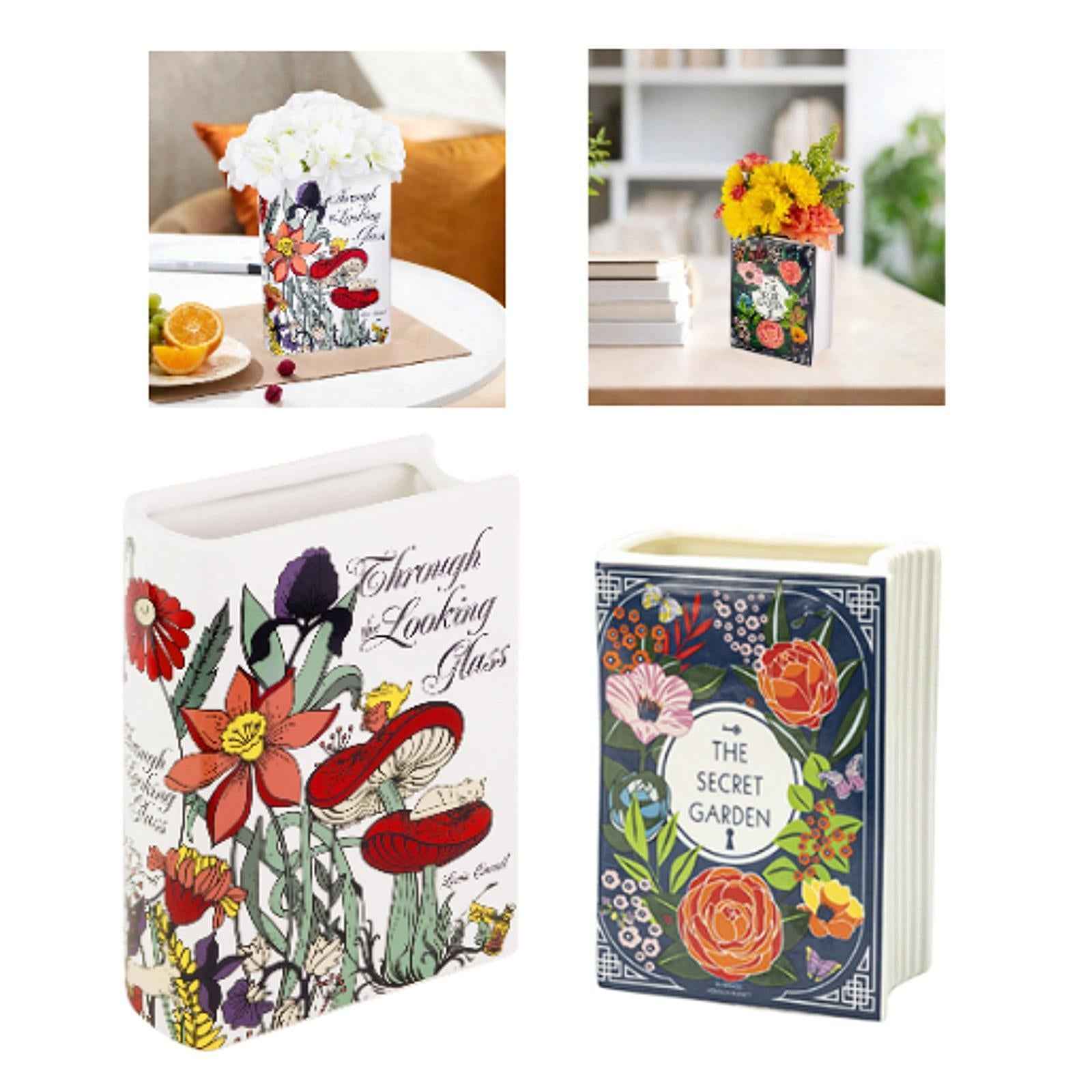 Ceramic Book Flower Vase Novelty Statue for Coffee Table Entrance TV Cabinet White