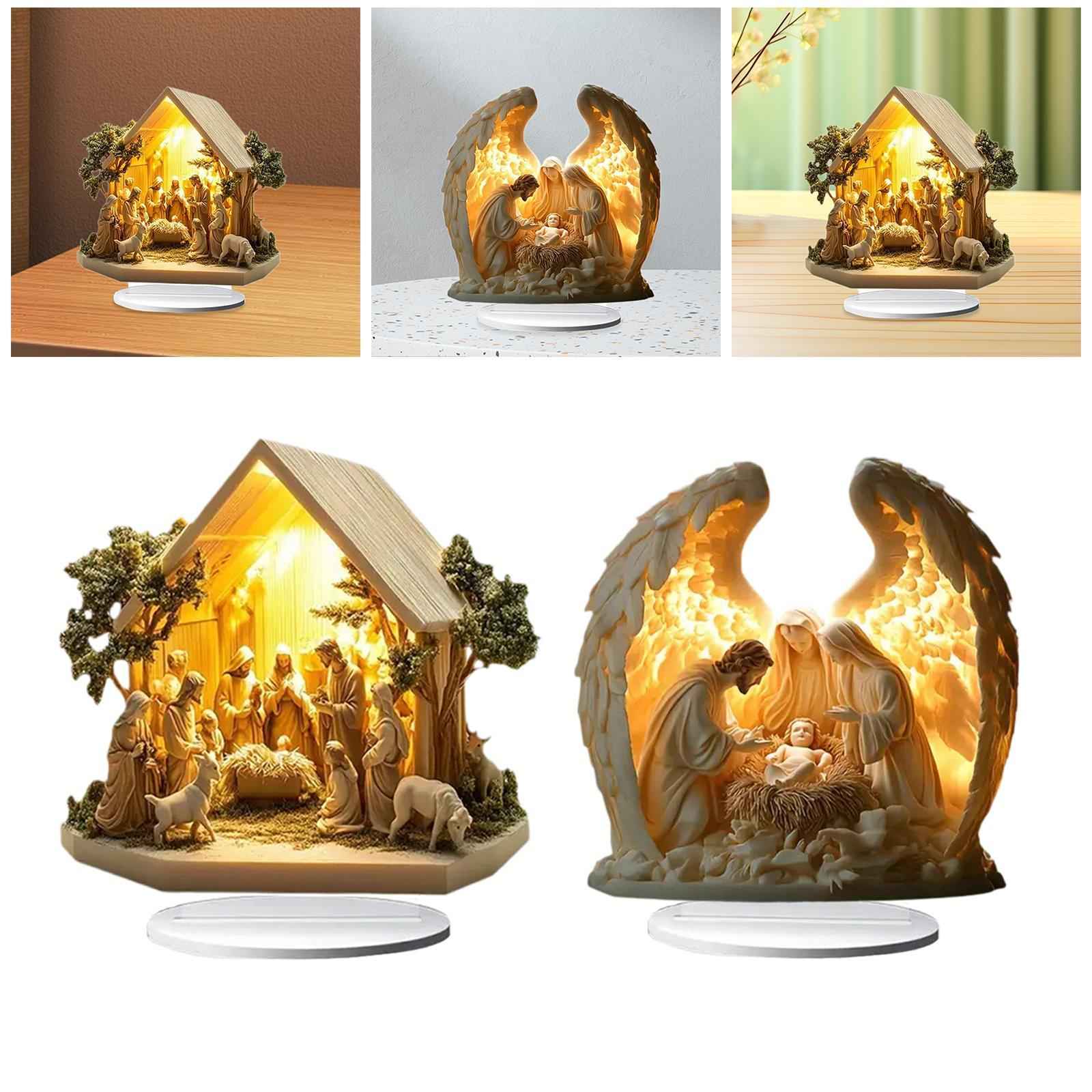 Christmas Nativity Scene Figurine Indoor Outdoor Desk Acrylic Table Ornament House 20x20cm