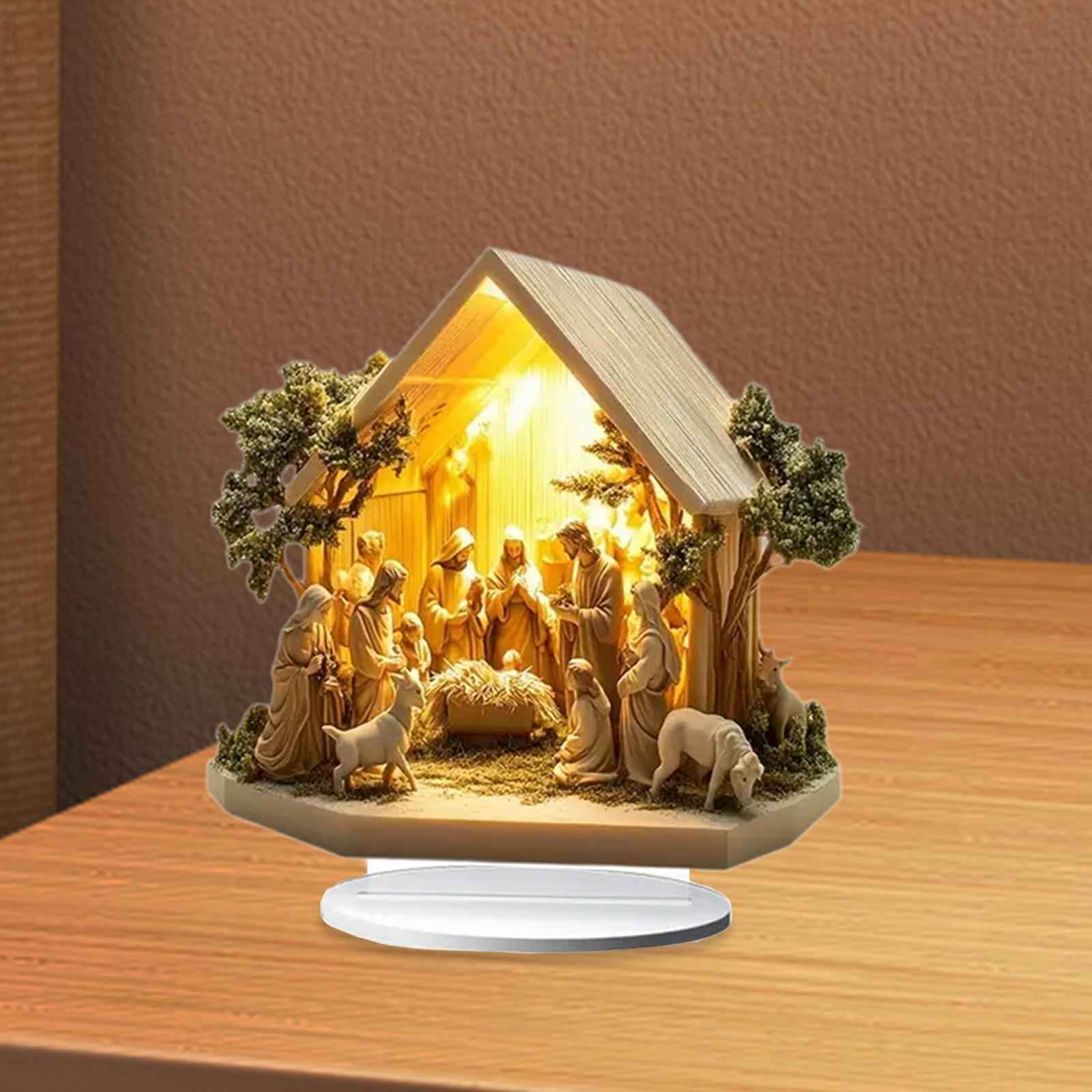 Christmas Nativity Scene Figurine Indoor Outdoor Desk Acrylic Table Ornament House 20x20cm
