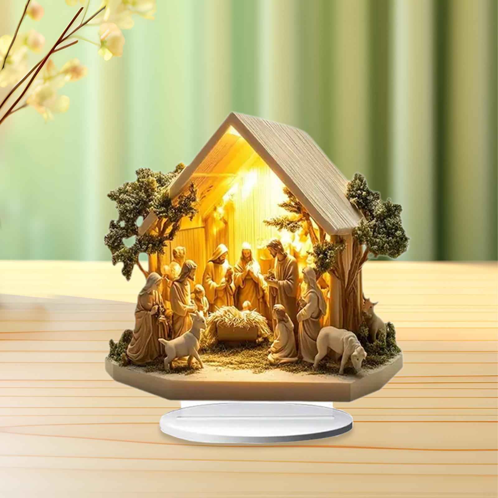 Christmas Nativity Scene Figurine Indoor Outdoor Desk Acrylic Table Ornament House 20x20cm