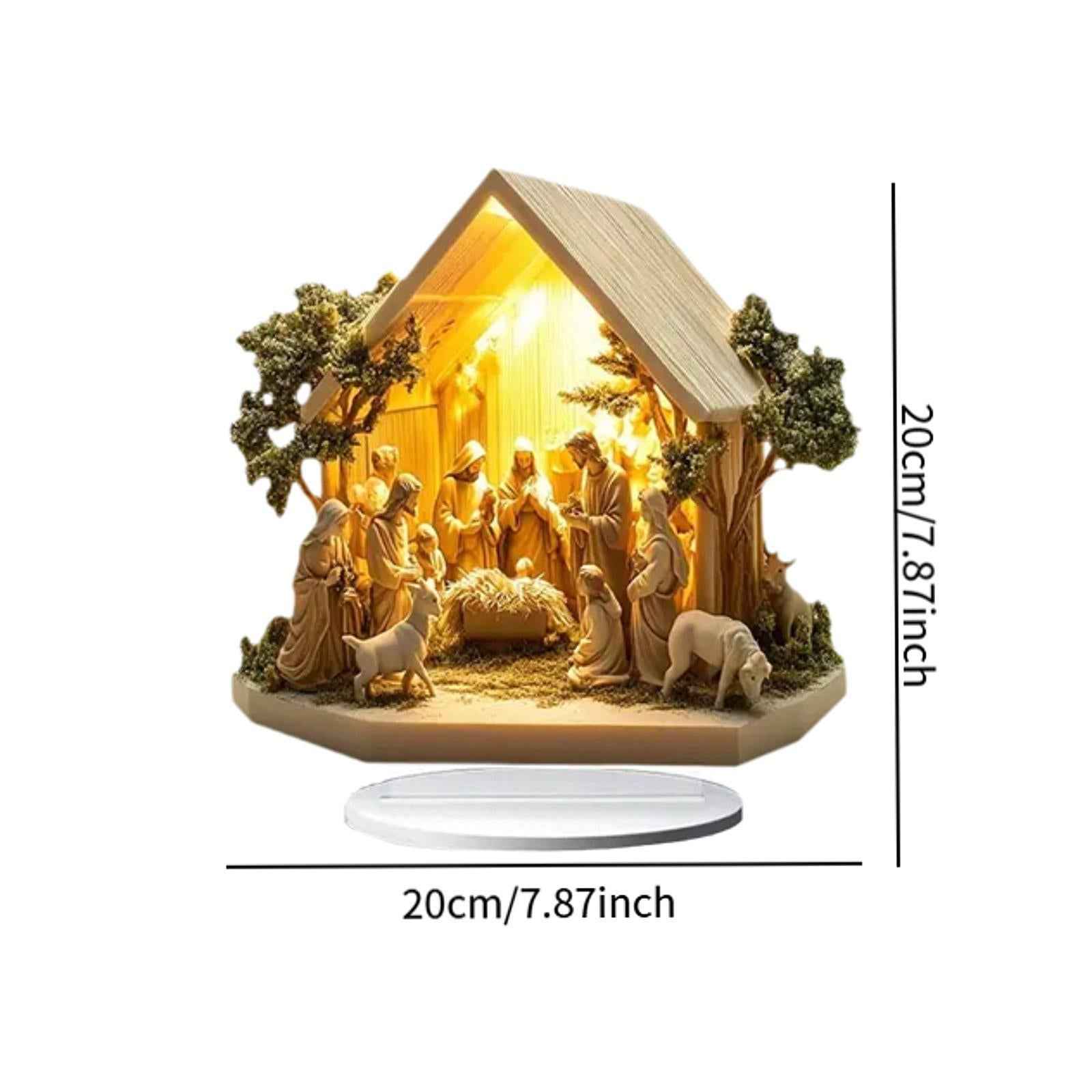 Christmas Nativity Scene Figurine Indoor Outdoor Desk Acrylic Table Ornament House 20x20cm
