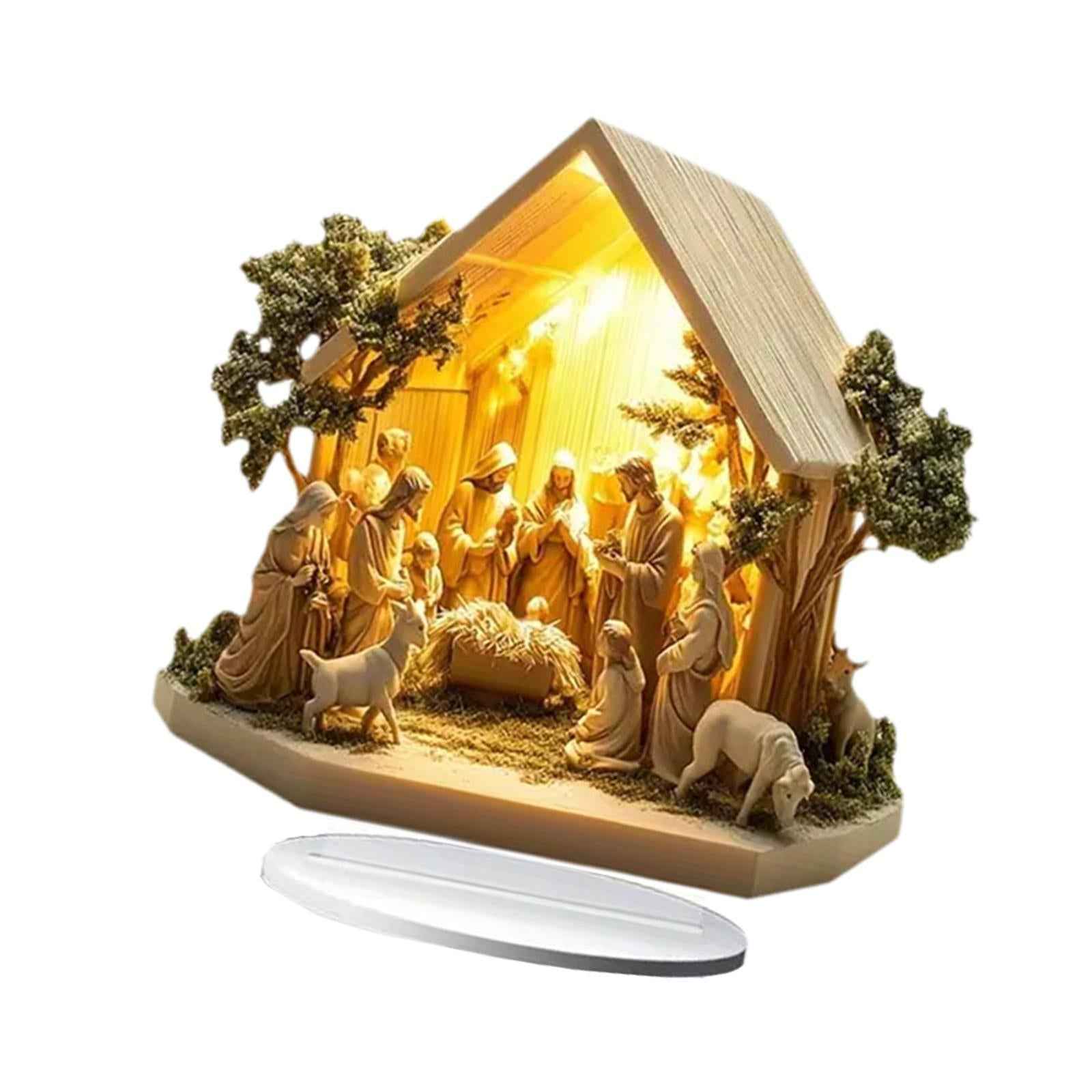 Christmas Nativity Scene Figurine Indoor Outdoor Desk Acrylic Table Ornament House 20x20cm