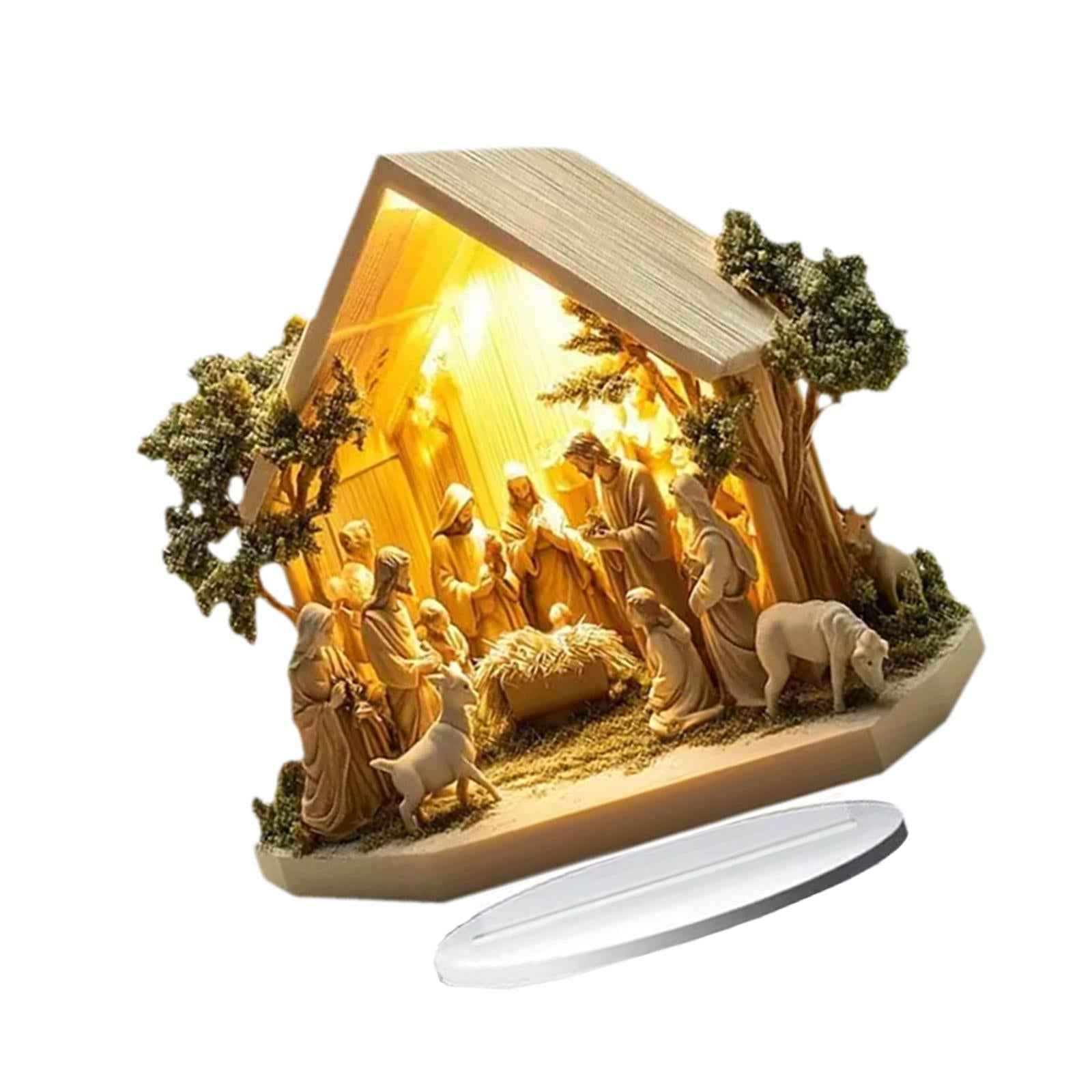 Christmas Nativity Scene Figurine Indoor Outdoor Desk Acrylic Table Ornament House 20x20cm