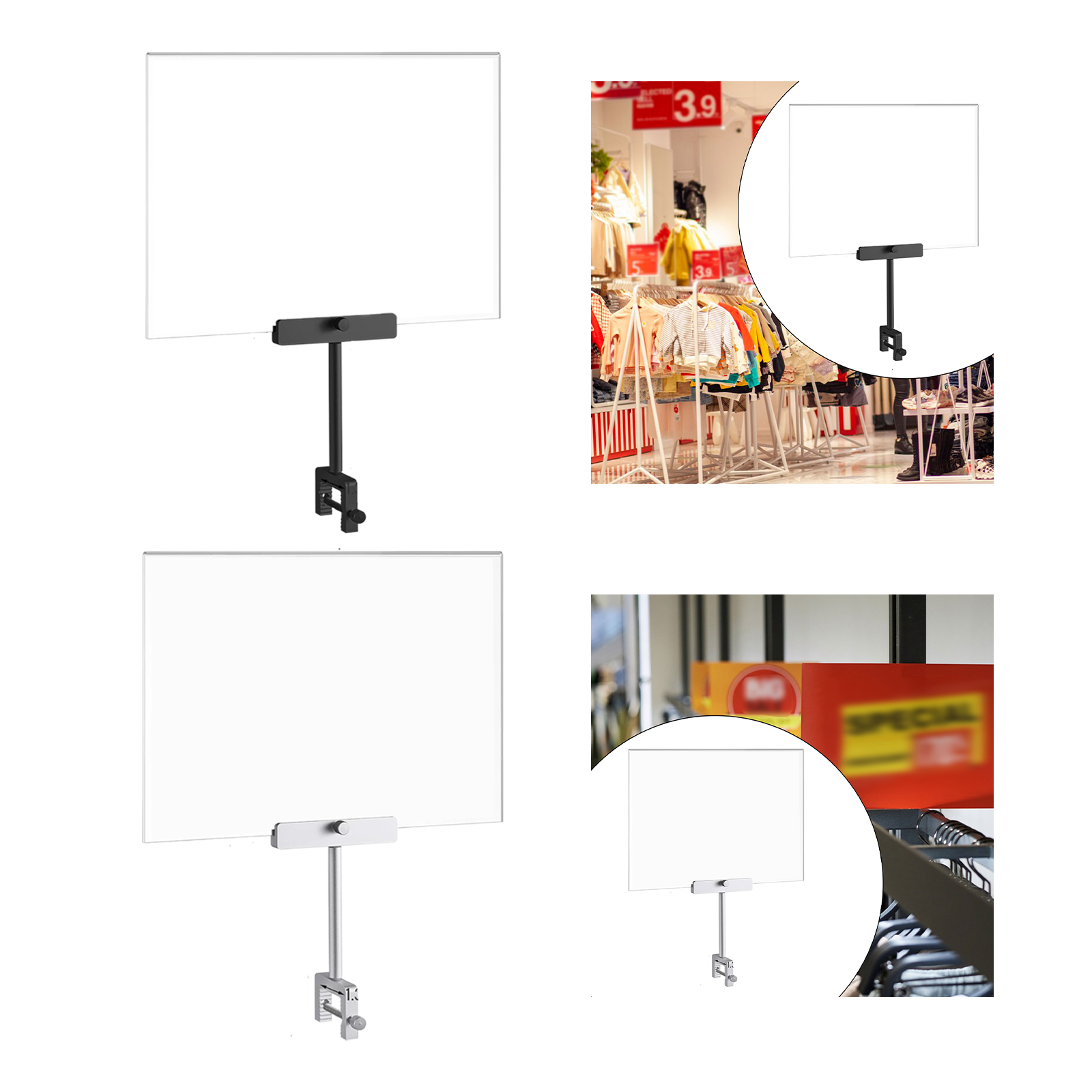 Acrylic Sign Holder with Clamp for Office Hangrails and Tubes Clothing Store Black
