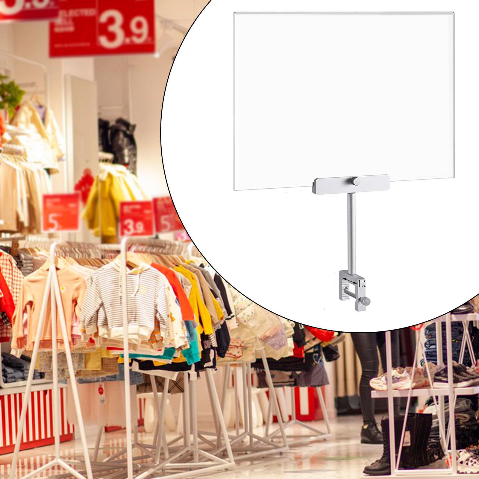 Acrylic Sign Holder with Clamp for Office Hangrails and Tubes Clothing Store Silver