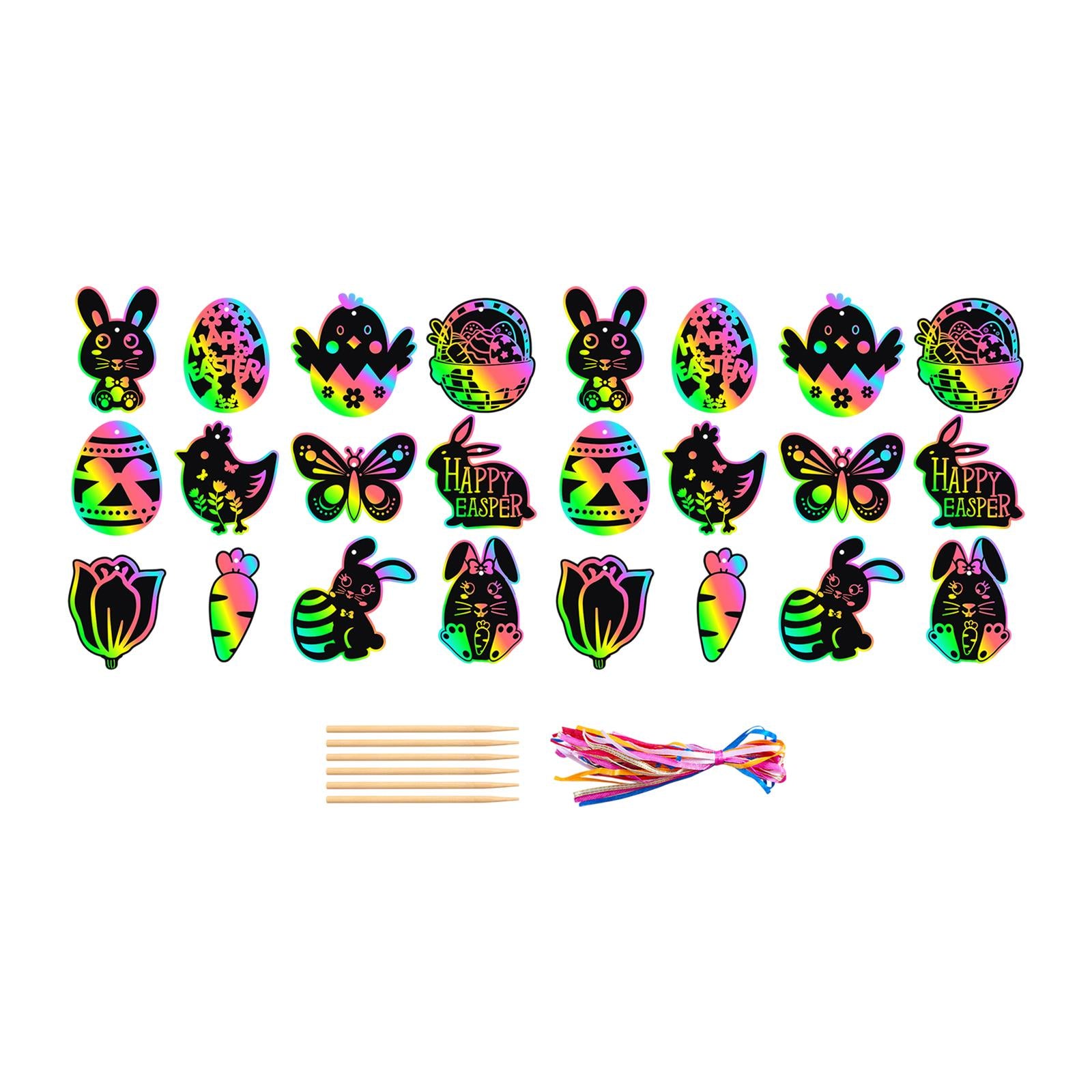 24Pcs Easter Scratch Paper Set Hanging Drawing Toys Gifts Decor Party Favors