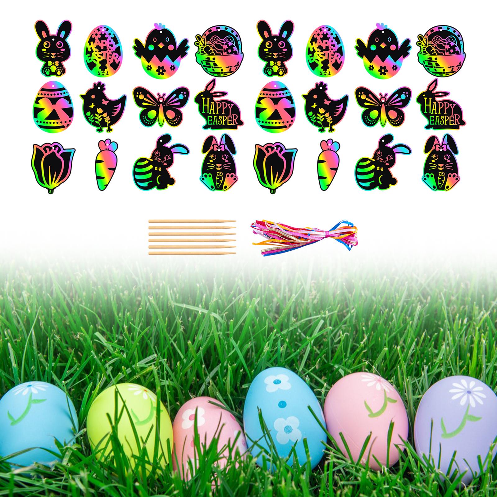 24Pcs Easter Scratch Paper Set Hanging Drawing Toys Gifts Decor Party Favors
