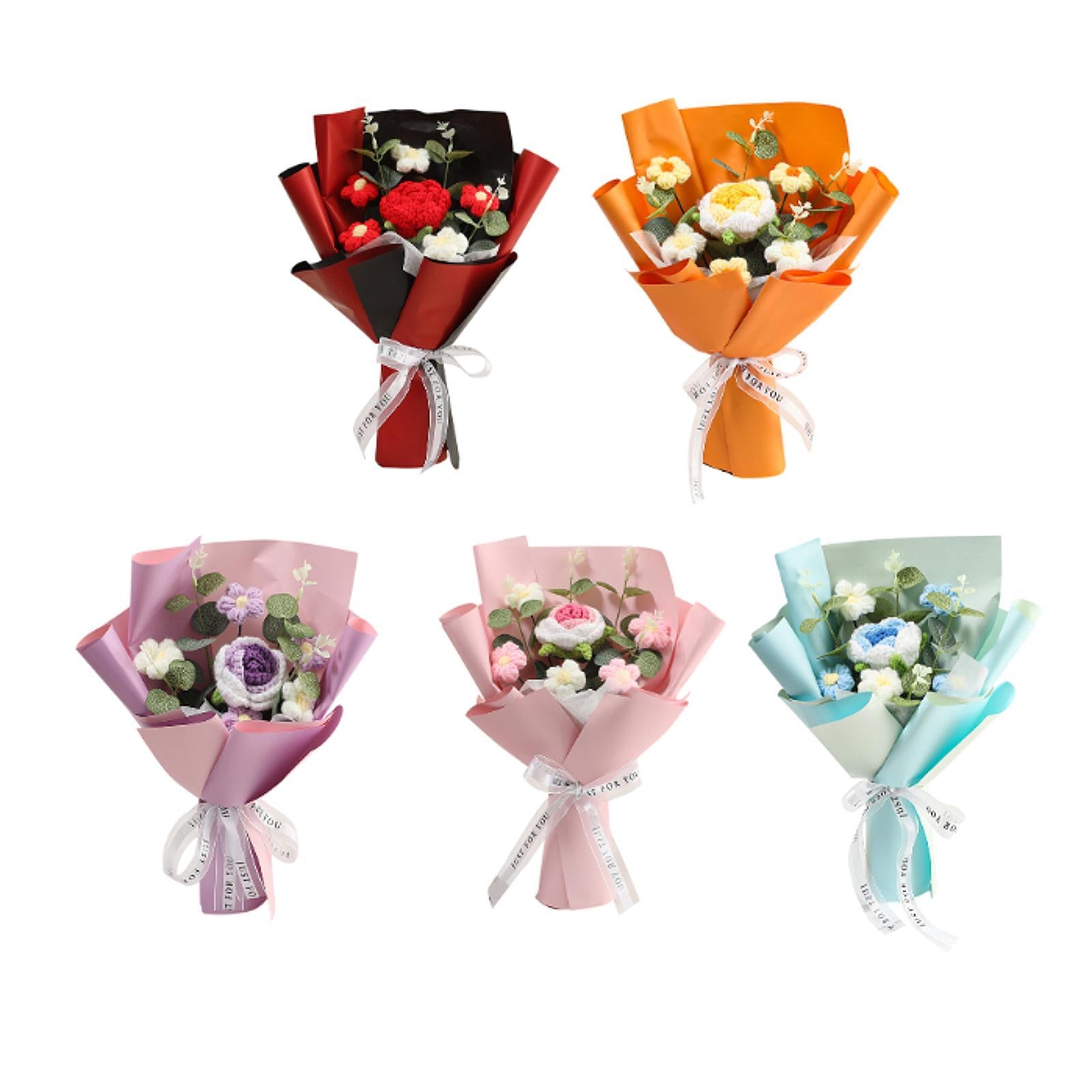 Completed Crochet Flower Bouquet Gift Mum Handmade Knitted Artificial Flower Red