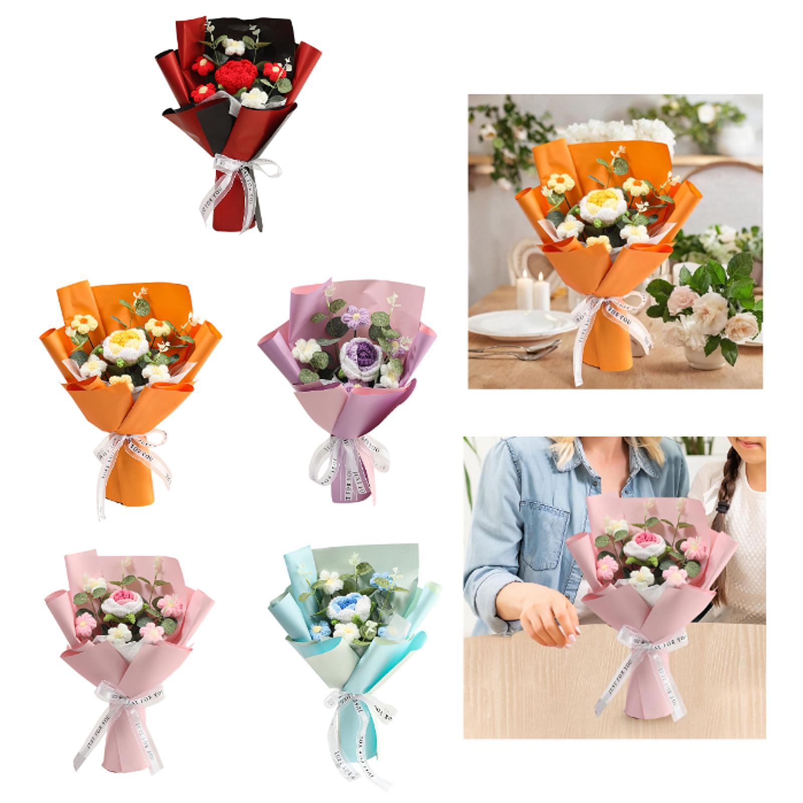 Completed Crochet Flower Bouquet Gift Mum Handmade Knitted Artificial Flower Red