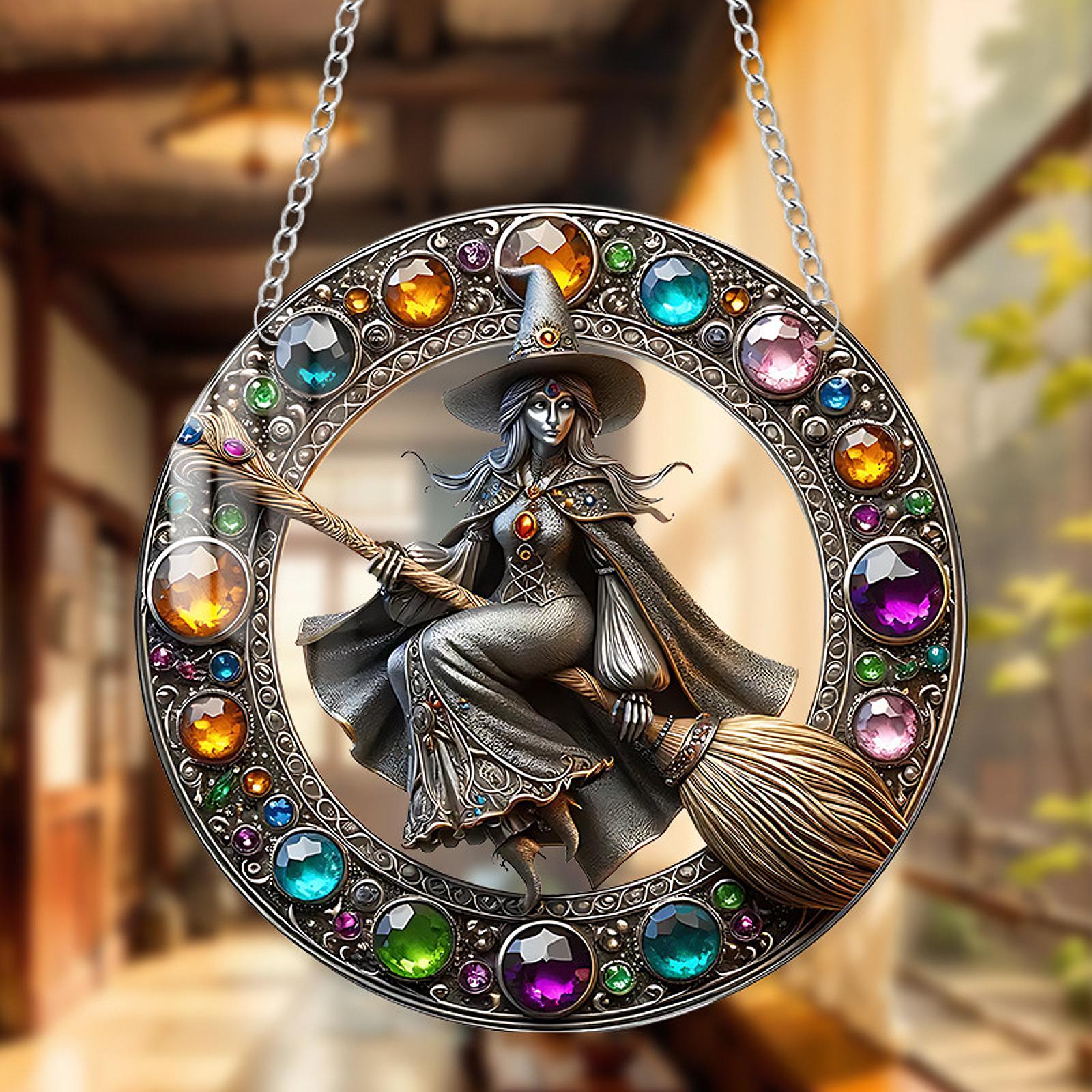 Acrylic Witch Riding Broom Pattern Hanging Sign 20x20cm for Corridor Balcony