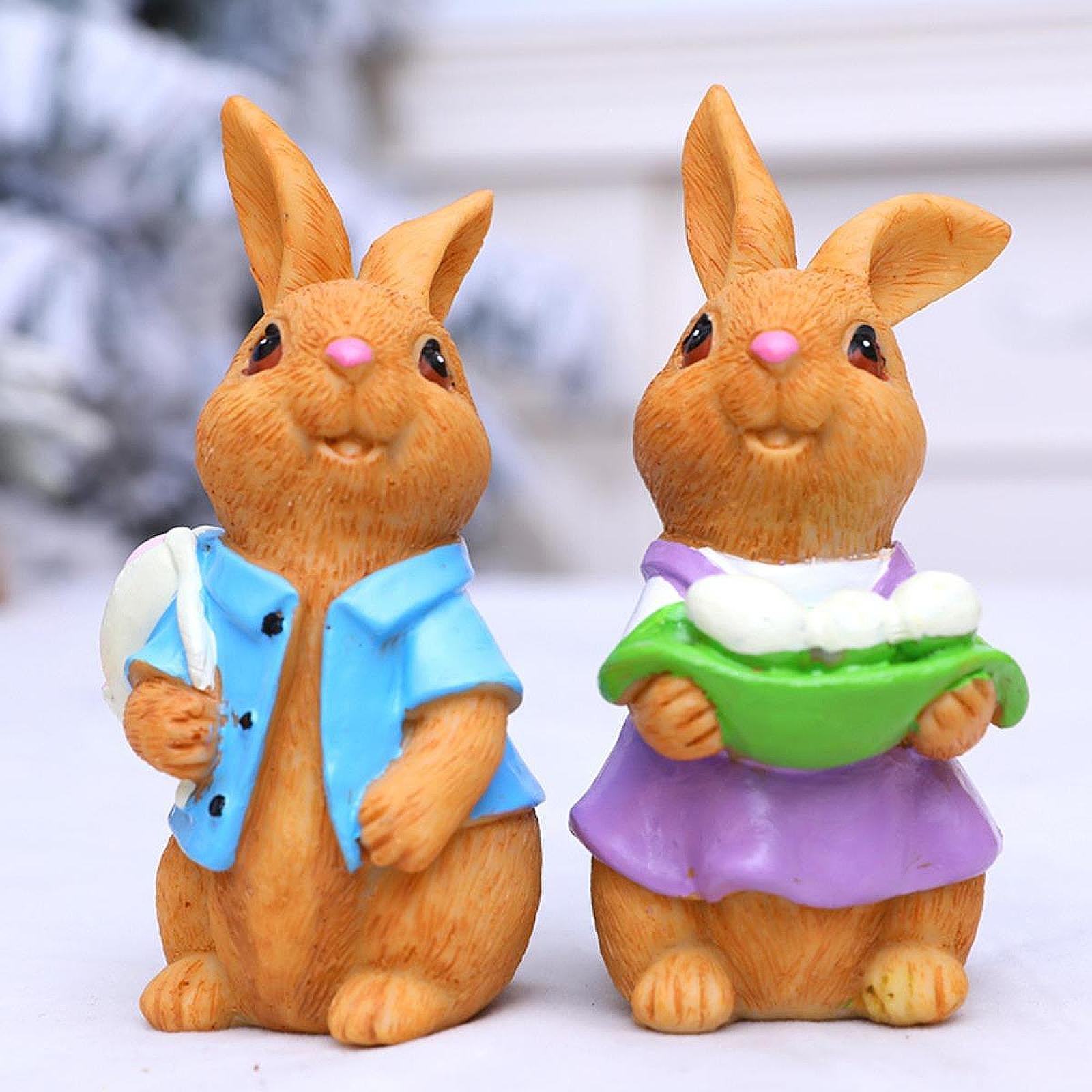 2Pcs Resin Easter Bunny Couple Figurine for Window Sill Decor Cute Versatile