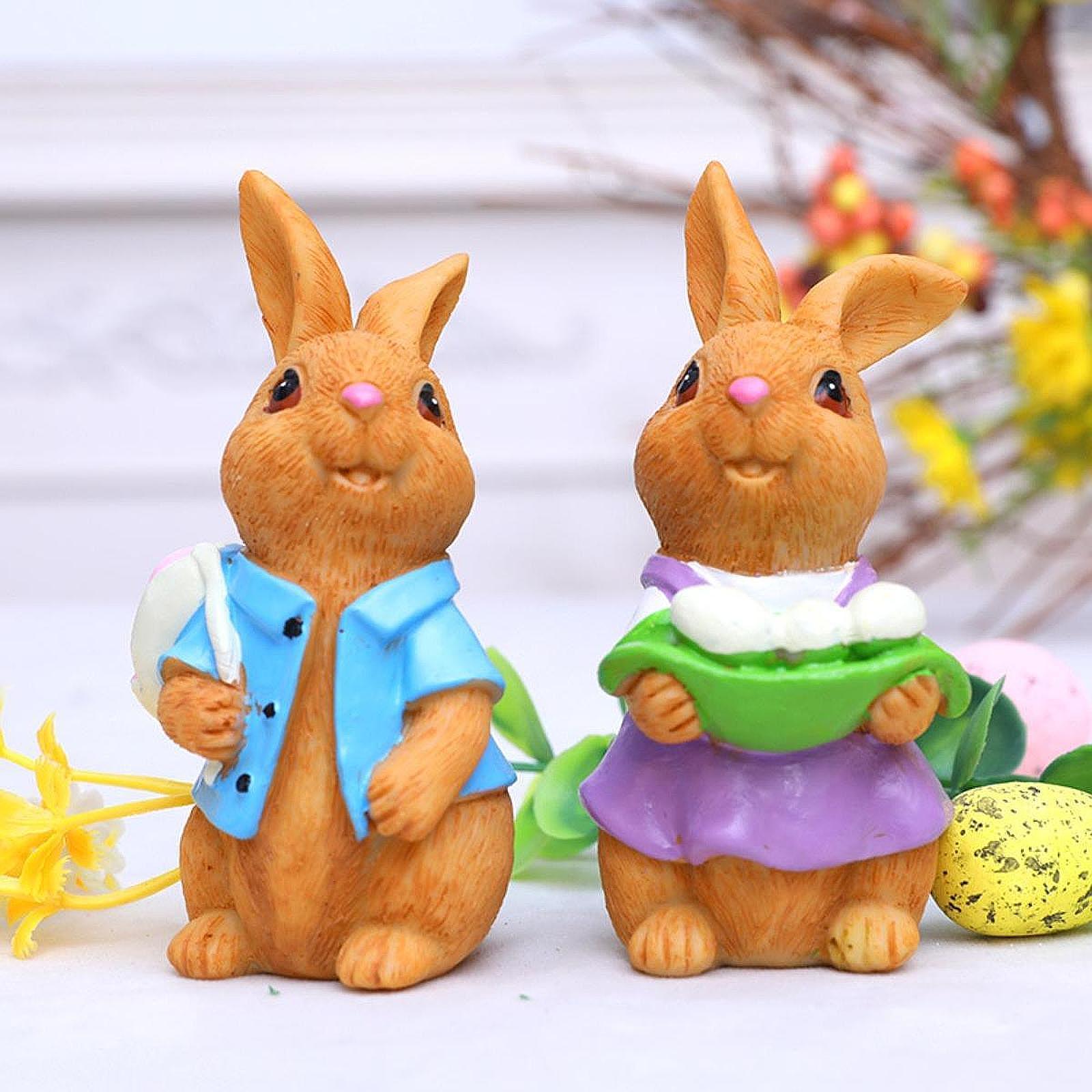2Pcs Resin Easter Bunny Couple Figurine for Window Sill Decor Cute Versatile