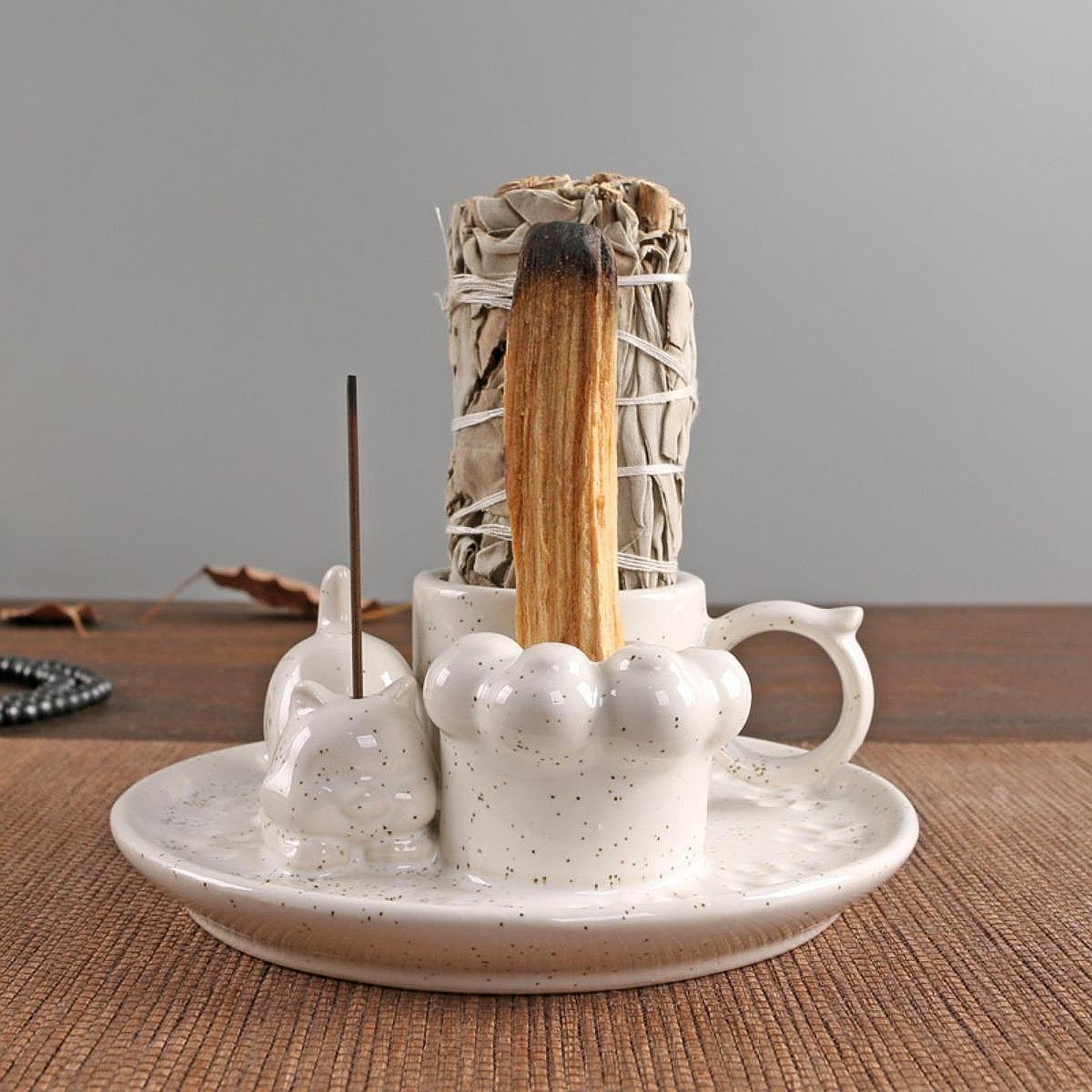 Palo Santo Holder Ceramic Sage Bundle Burner for Meditation Desk Living Room Spotted White