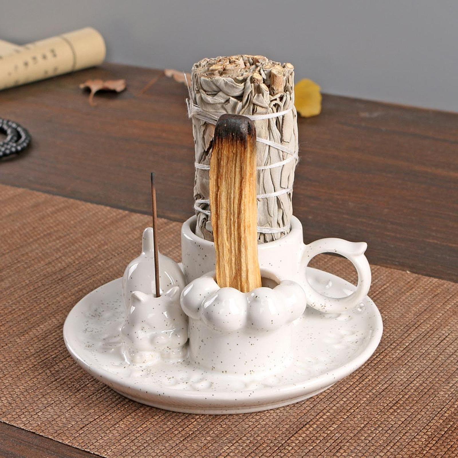 Palo Santo Holder Ceramic Sage Bundle Burner for Meditation Desk Living Room Spotted White