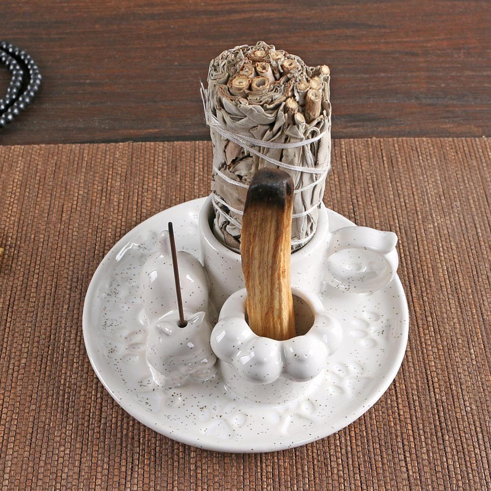 Palo Santo Holder Ceramic Sage Bundle Burner for Meditation Desk Living Room Spotted White