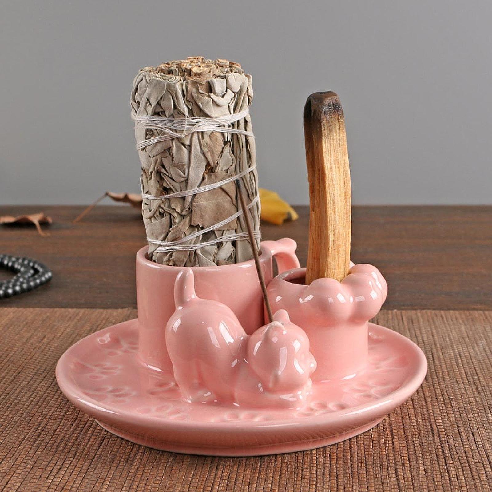Palo Santo Holder Ceramic Sage Bundle Burner for Meditation Desk Living Room Pink