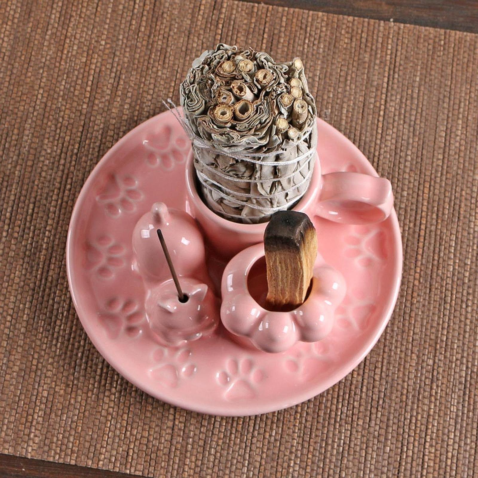 Palo Santo Holder Ceramic Sage Bundle Burner for Meditation Desk Living Room Pink