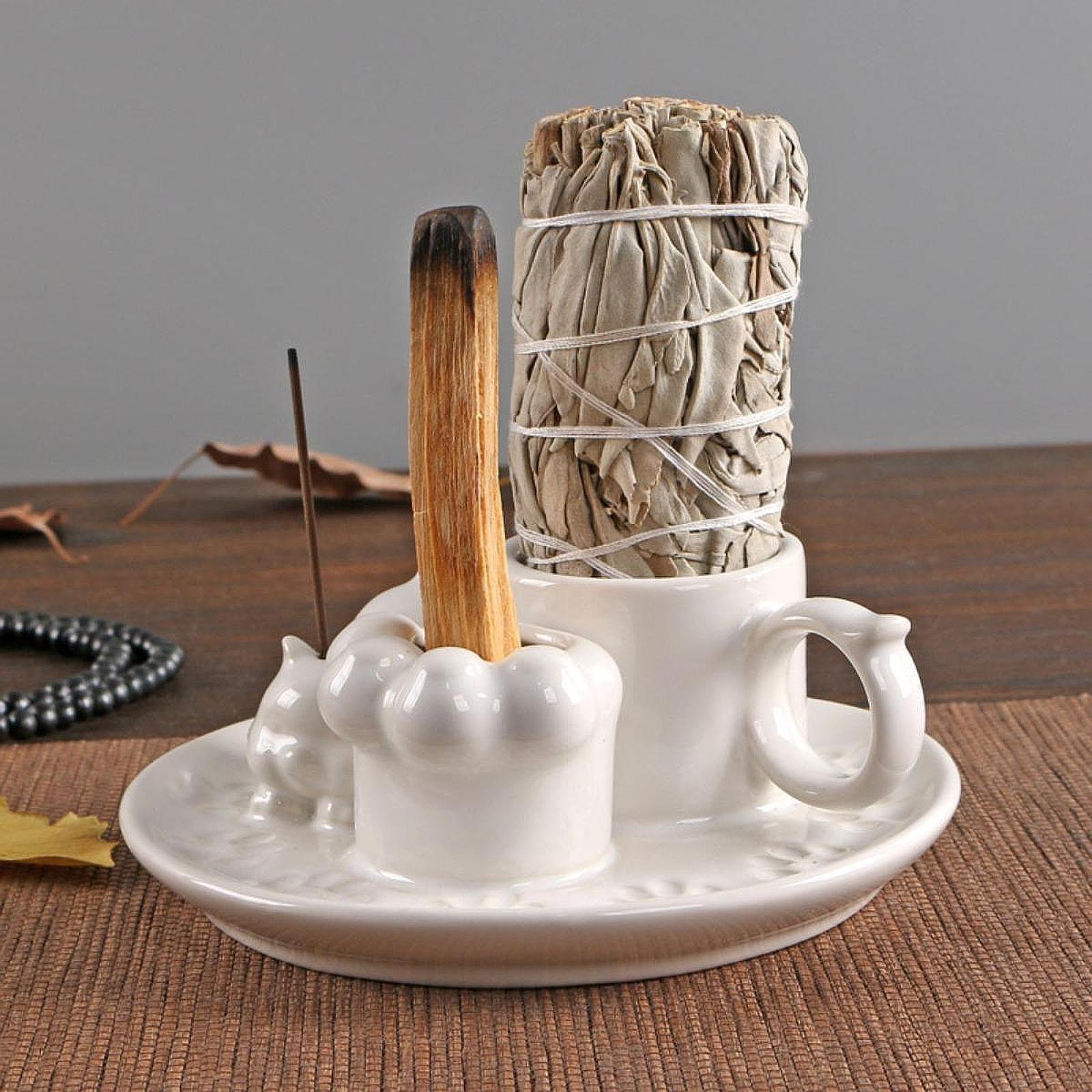 Palo Santo Holder Ceramic Sage Bundle Burner for Meditation Desk Living Room Pure White