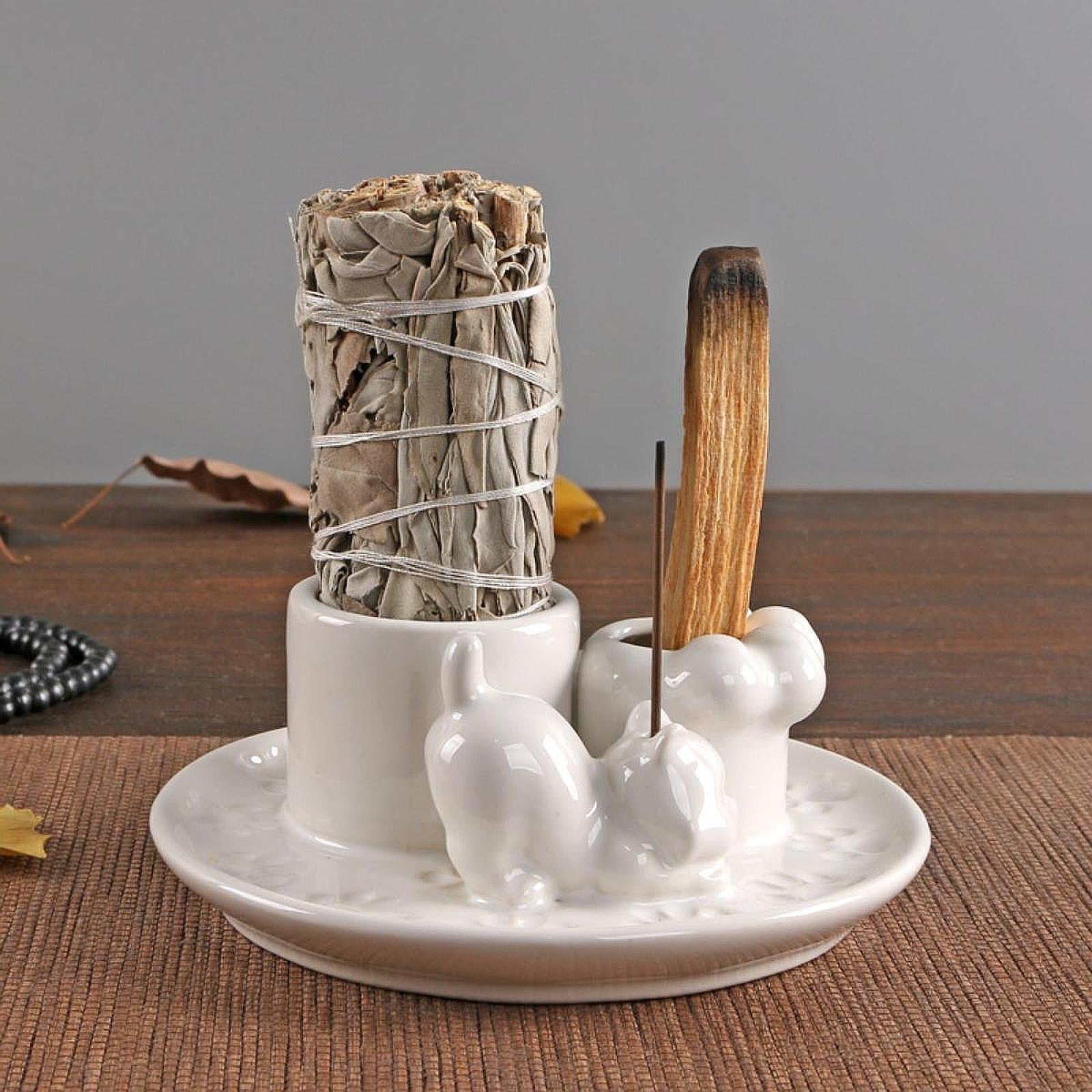 Palo Santo Holder Ceramic Sage Bundle Burner for Meditation Desk Living Room Pure White