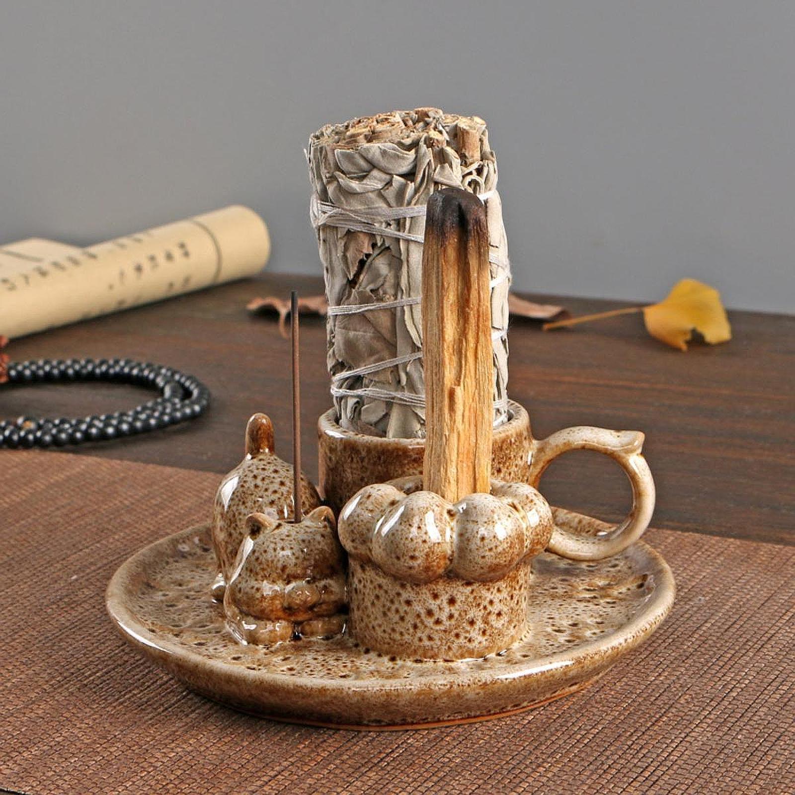 Palo Santo Holder Ceramic Sage Bundle Burner for Meditation Desk Living Room Brown