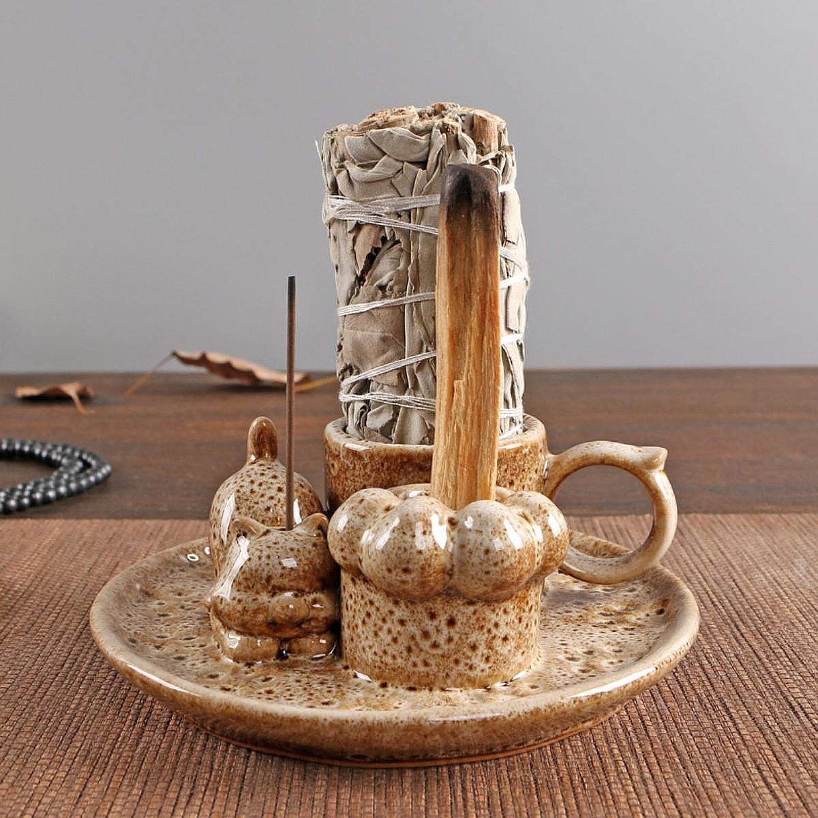 Palo Santo Holder Ceramic Sage Bundle Burner for Meditation Desk Living Room Brown