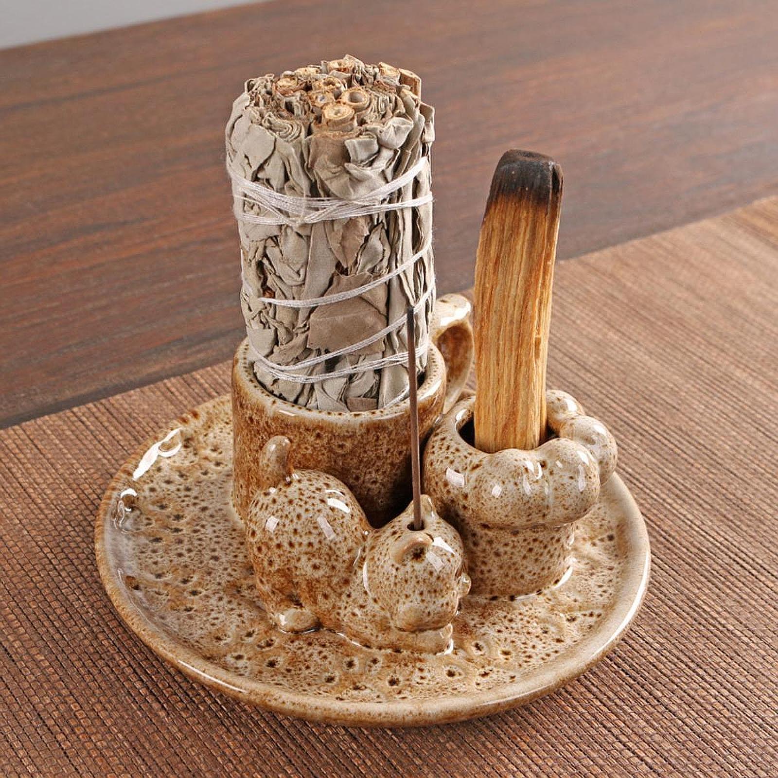 Palo Santo Holder Ceramic Sage Bundle Burner for Meditation Desk Living Room Brown