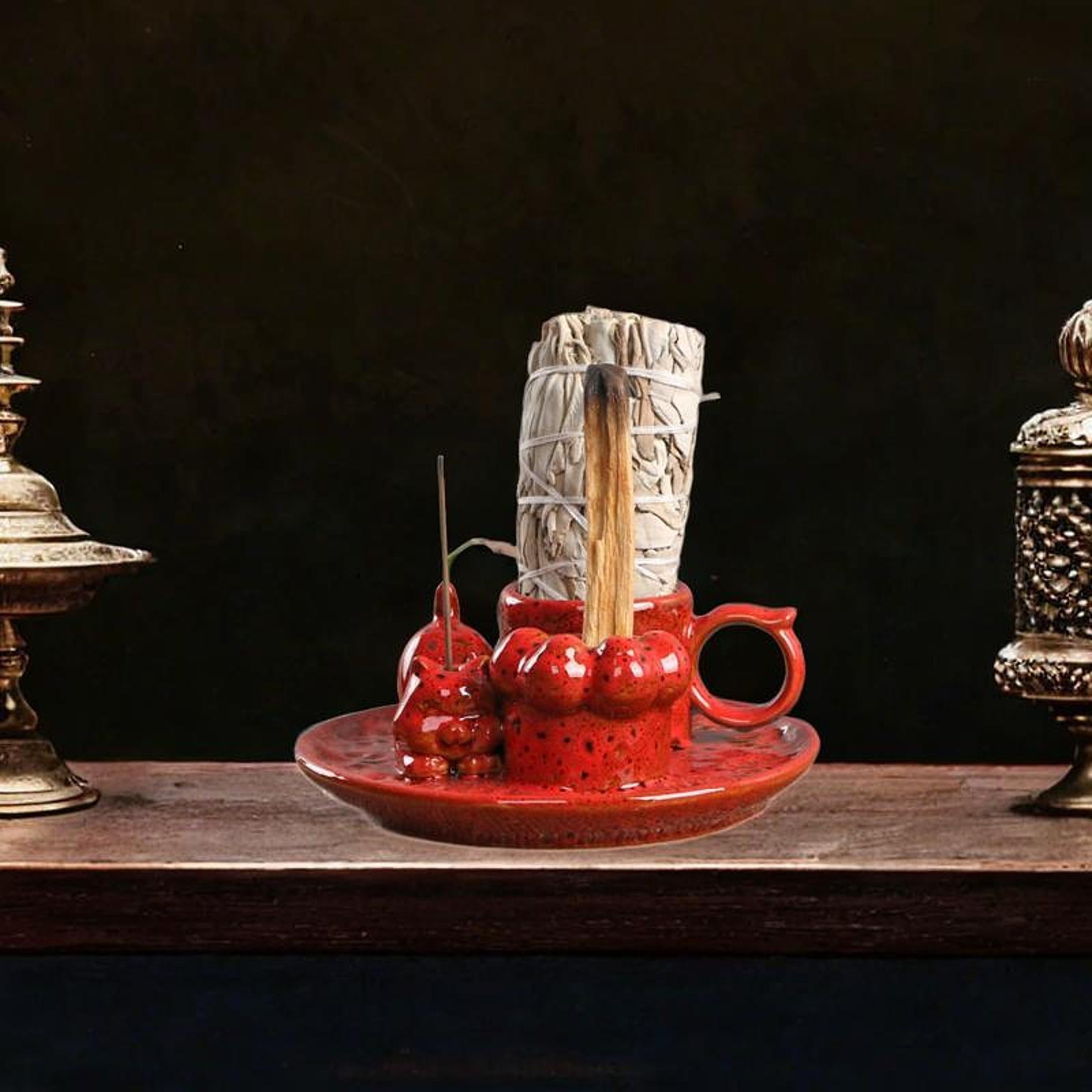 Palo Santo Holder Ceramic Sage Bundle Burner for Meditation Desk Living Room Red