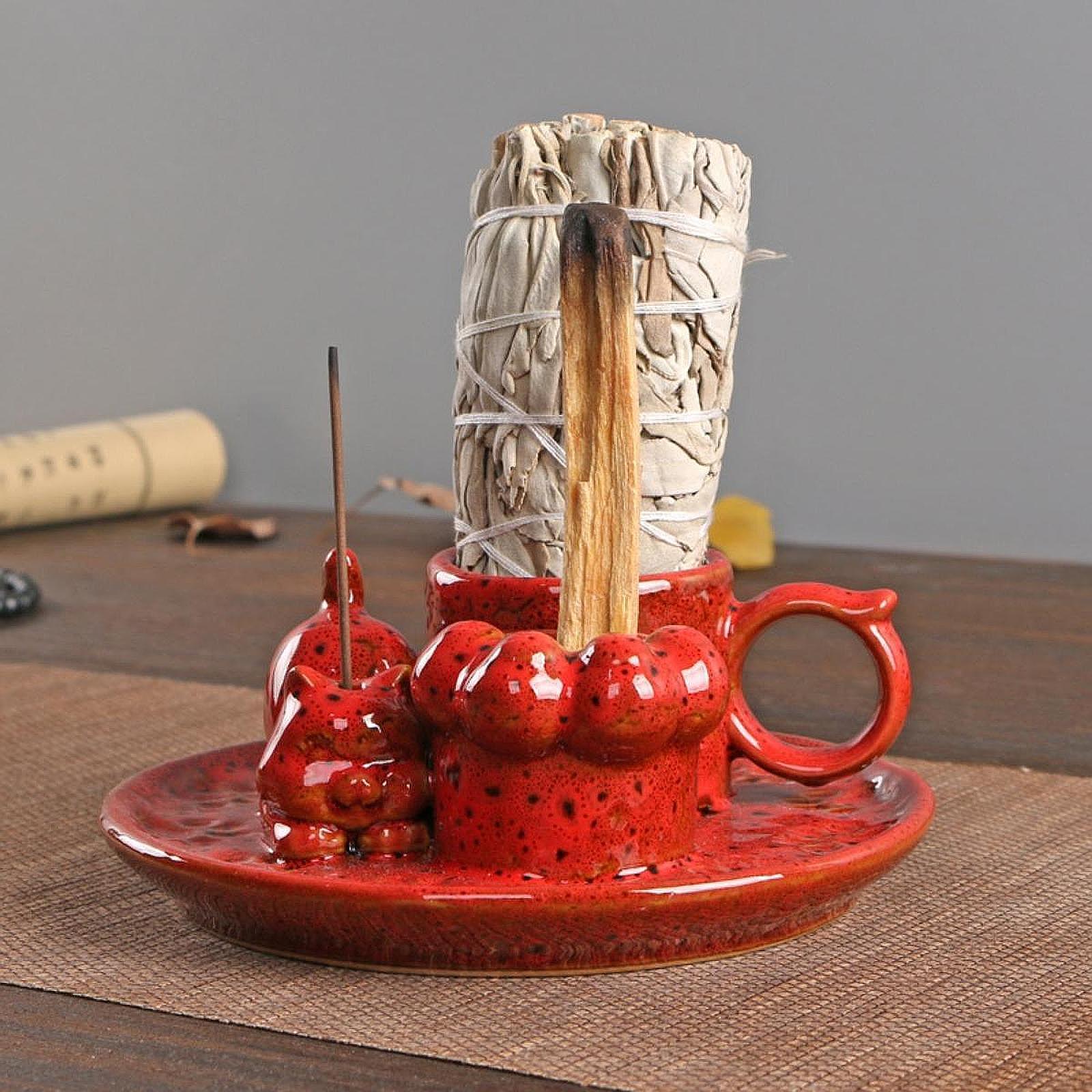 Palo Santo Holder Ceramic Sage Bundle Burner for Meditation Desk Living Room Red
