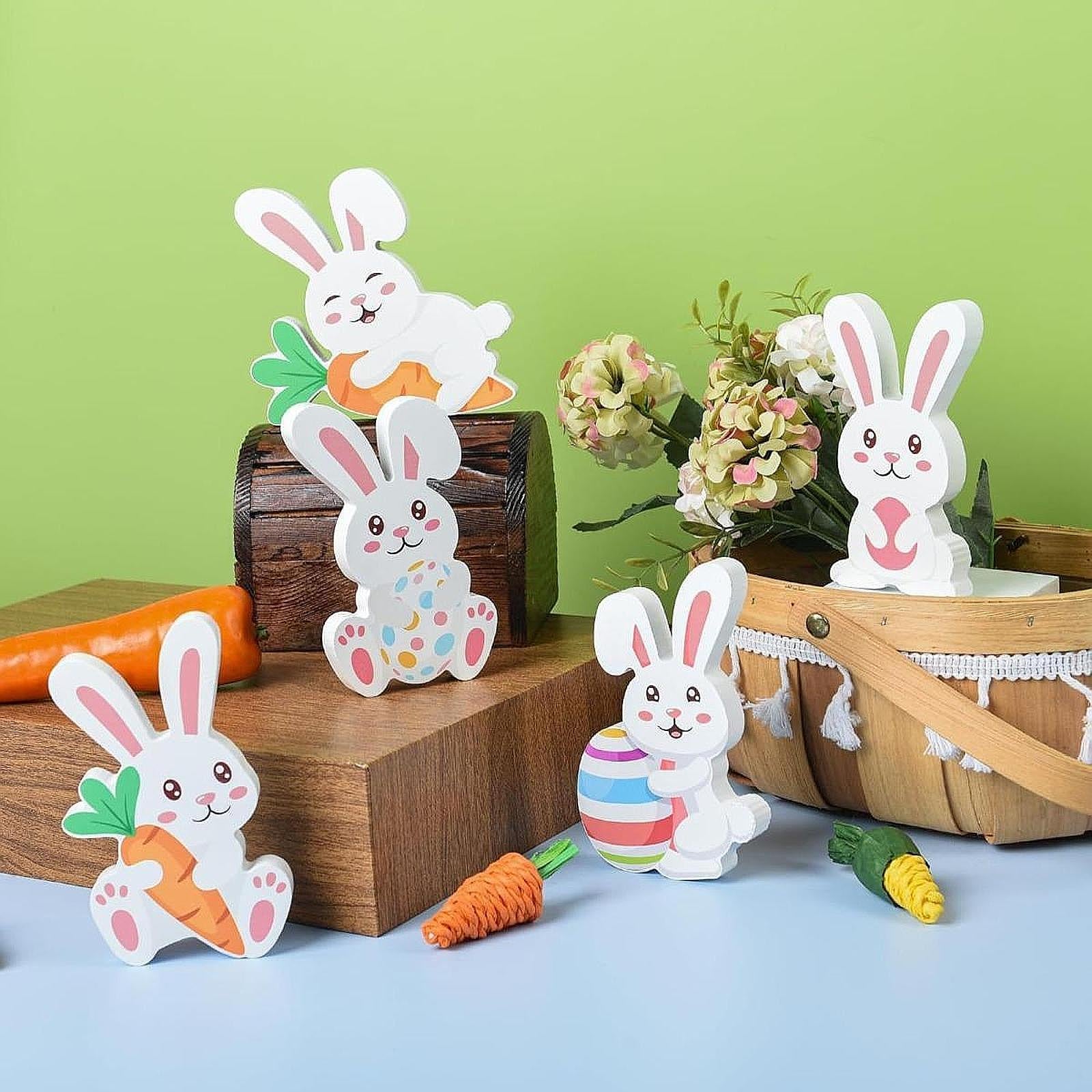 5x Easter Bunny Wooden Sign Rustic Tiered Tray Decor for Office Desk Kitchen