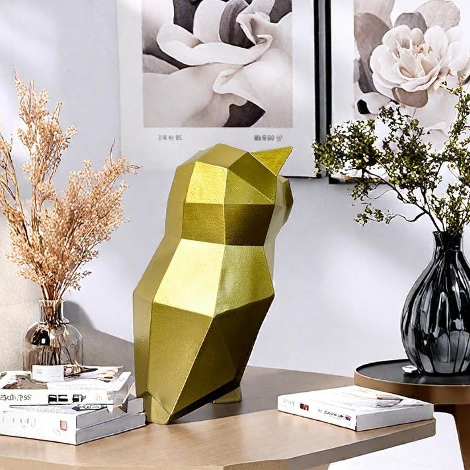 Abstract Geometric Sculptures Display Owl Figurine for Office Yard Bookshelf Gold