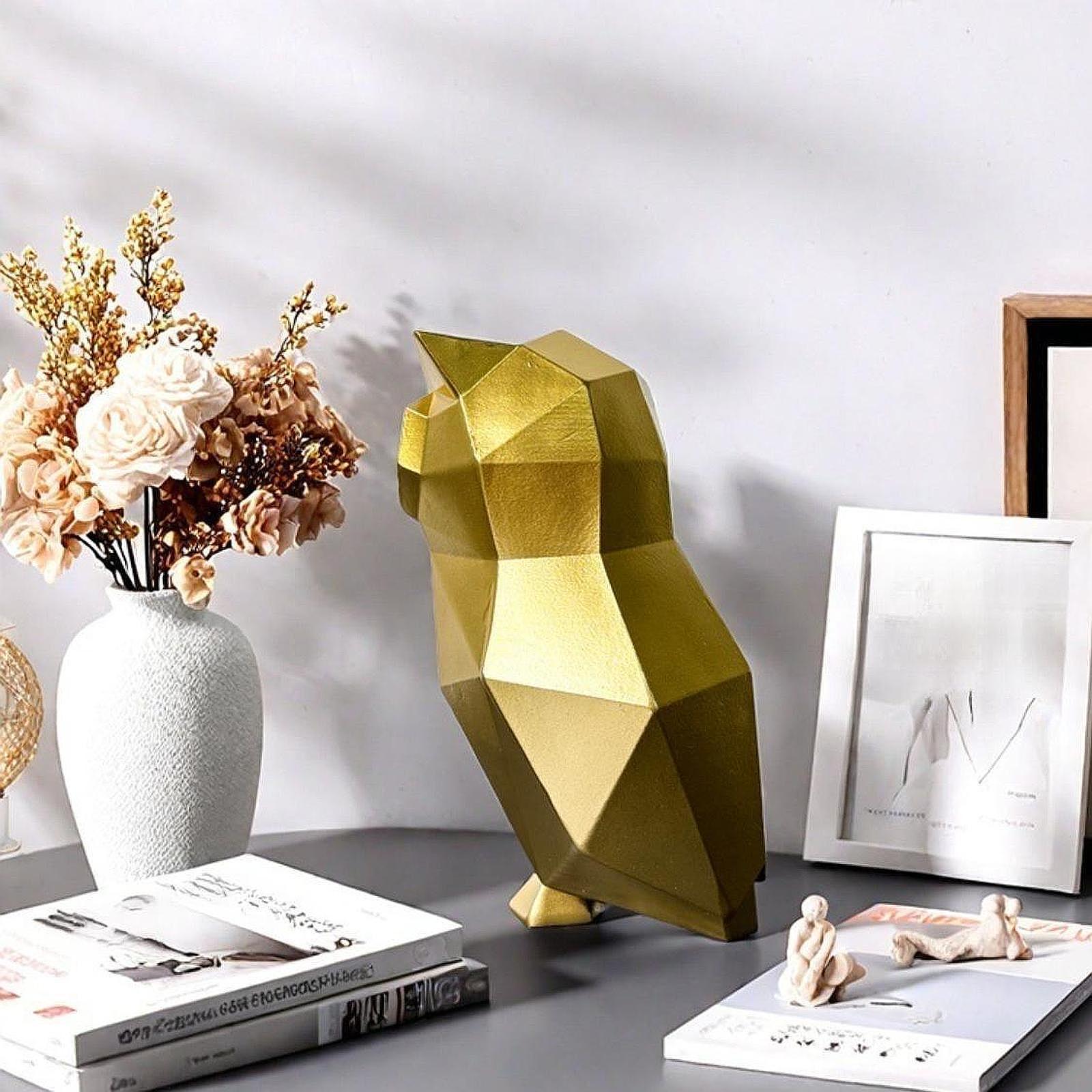 Abstract Geometric Sculptures Display Owl Figurine for Office Yard Bookshelf Gold