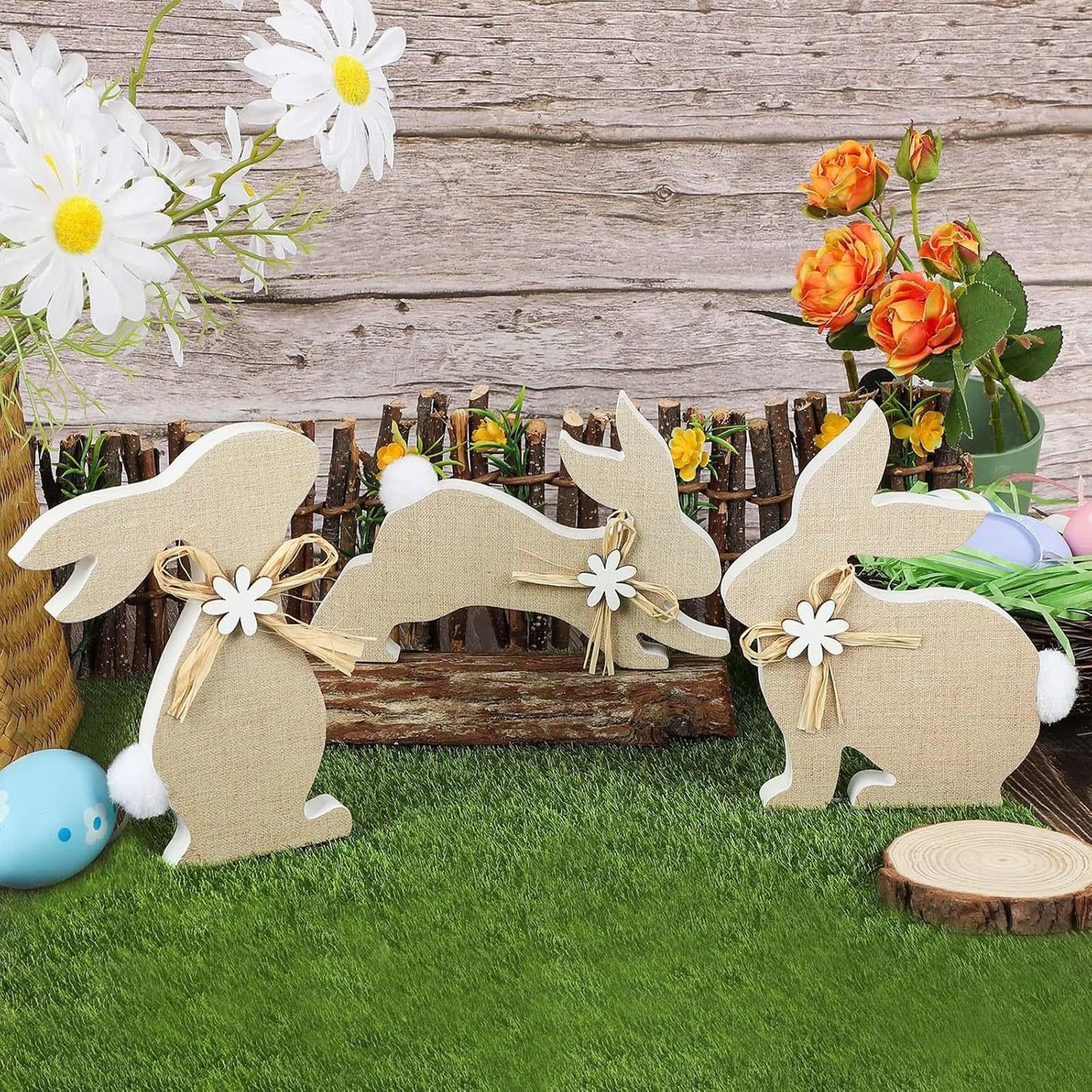 3Pcs Easter Bunny Wooden Sign Cute Tiered Tray Decor for Shelf Party Kitchen